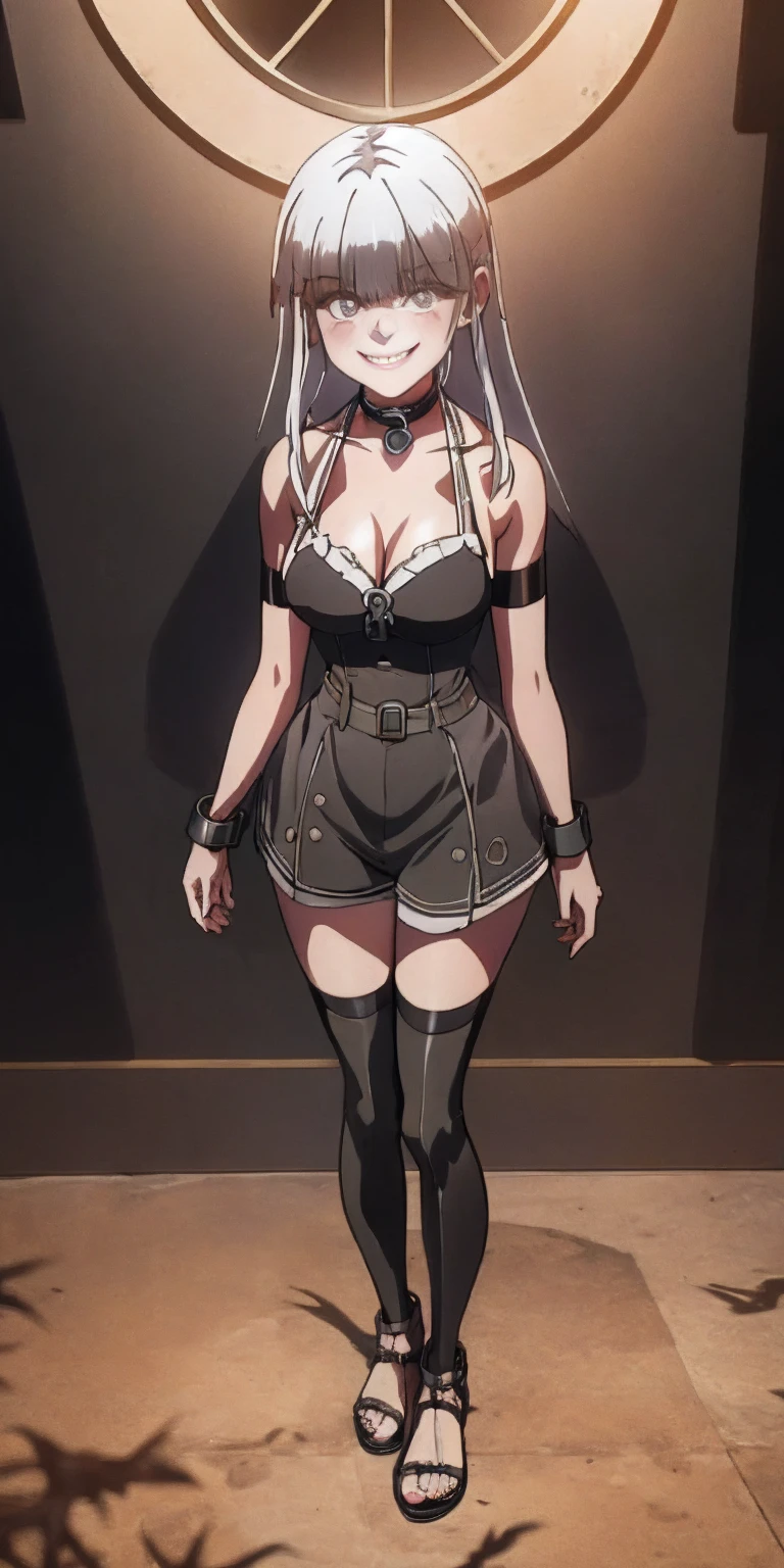 dark fantasy anime illustration of a (mature MILF BIMBO albino skin and short white hair), (FULL BODY) perfect face, wearing tight leather stealth armor, stalking, BIG KNOCKERS CLEAVAGE, lustful smirking smile red blush red cheeks, chain leash, kneeling, shackles, leather black collar slave, ((BLACK background)) WITH KNOCKERS on glass, glass window fog water drop, hands behind body, metal handcuffs, black choker collar, thigh highs, long legs, metal ankle, metal sandals, metal shoulders, standing straight symmetrical against glass