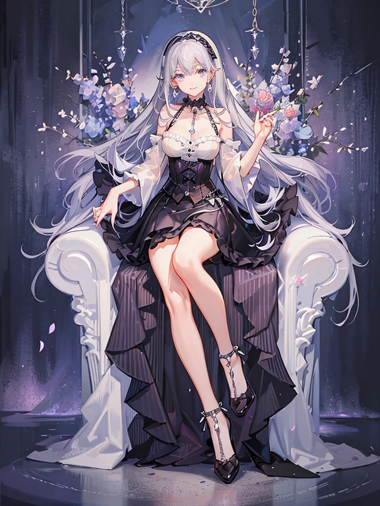 whole body，Black court dress，long silver hair，Violet pupils，royal family，reserved，keep，Off the shoulders，Belly tattoo，White suspender knee socks，Black lolita high heels，black corset，violet necklace，earrings，Princess，sit on the chair，Erlang legs，lace headband，lace，Wedding rings，girl，，Smile