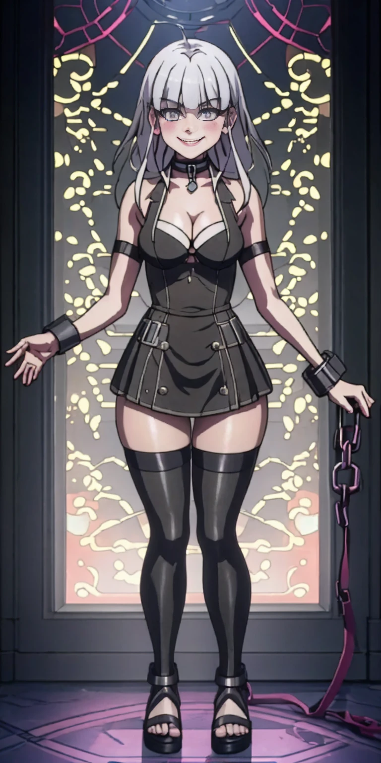 dark fantasy anime illustration of a (mature MILF BIMBO albino skin and short white hair), (FULL BODY) perfect face, wearing tight leather stealth armor, stalking, BIG KNOCKERS CLEAVAGE, lustful smirking smile red blush red cheeks, chain leash, kneeling, shackles, leather black collar slave, ((BLACK background)) WITH KNOCKERS on glass, glass window fog water drop, hands behind body, metal handcuffs, black choker collar, thigh highs, long legs, metal ankle, metal sandals, metal shoulders, standing straight symmetrical against glass