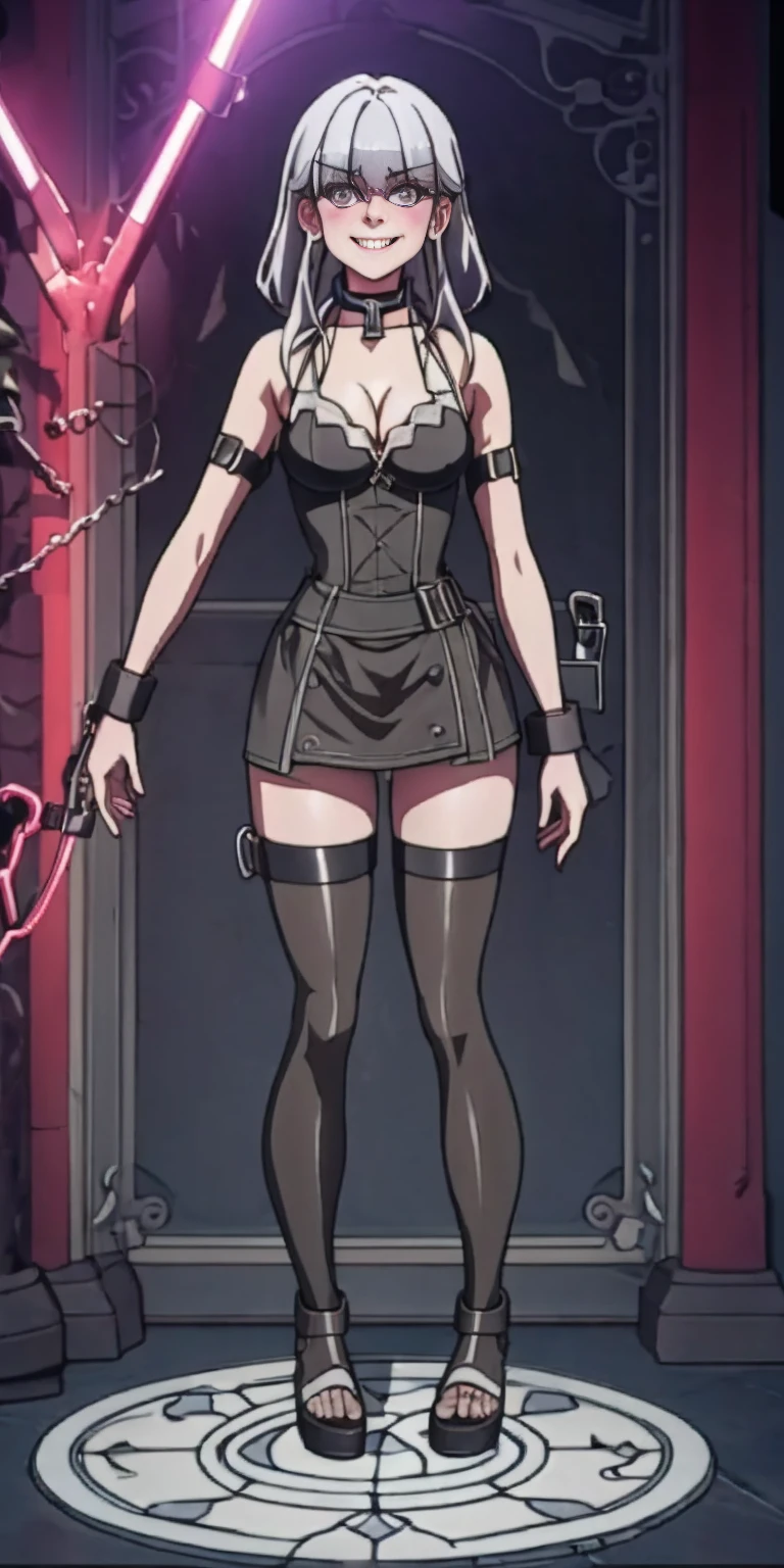 dark fantasy anime illustration of a (mature MILF BIMBO albino skin and short white hair), (FULL BODY) perfect face, wearing tight leather stealth armor, stalking, BIG KNOCKERS CLEAVAGE, lustful smirking smile red blush red cheeks, chain leash, kneeling, shackles, leather black collar slave, ((BLACK background)) WITH KNOCKERS on glass, glass window fog water drop, hands behind body, metal handcuffs, black choker collar, thigh highs, long legs, metal ankle, metal sandals, metal shoulders, standing straight symmetrical against glass