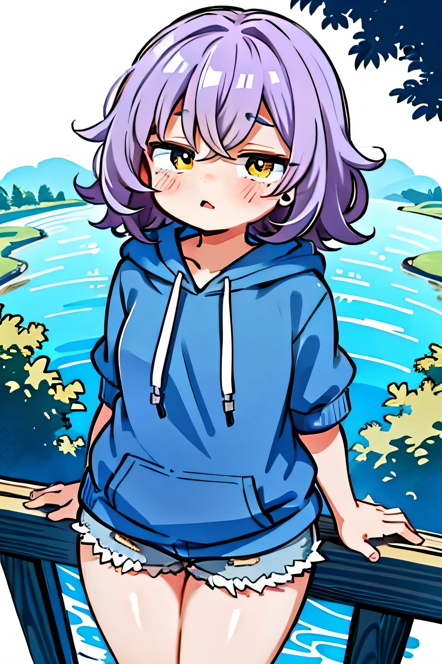 ultra high resolution, Super detailed, highest quality, perfect hands, Super cute, super beautiful, (((Single shot))), ((((Very large tree eyes)))), ((stare at me with big eyes)), ((shining yellow eyes)), ((cheek bulge)), chubby face, (((light purple messy hair))), ((Medium short wavy hair)), thick and short eyebrows, ((Wear a short-sleeved hoodie and light gray shorts)), bring your face closer､ look up, ((turn around from behind)), put your hand on the guardrail, introverted personality, anxious look､ ((((thighs!!!!!!)))), (((thick legs))), ((Emphasis calf)), View from a hill, The sea spreads in the distance, A bright light shines､ (perspective from above)