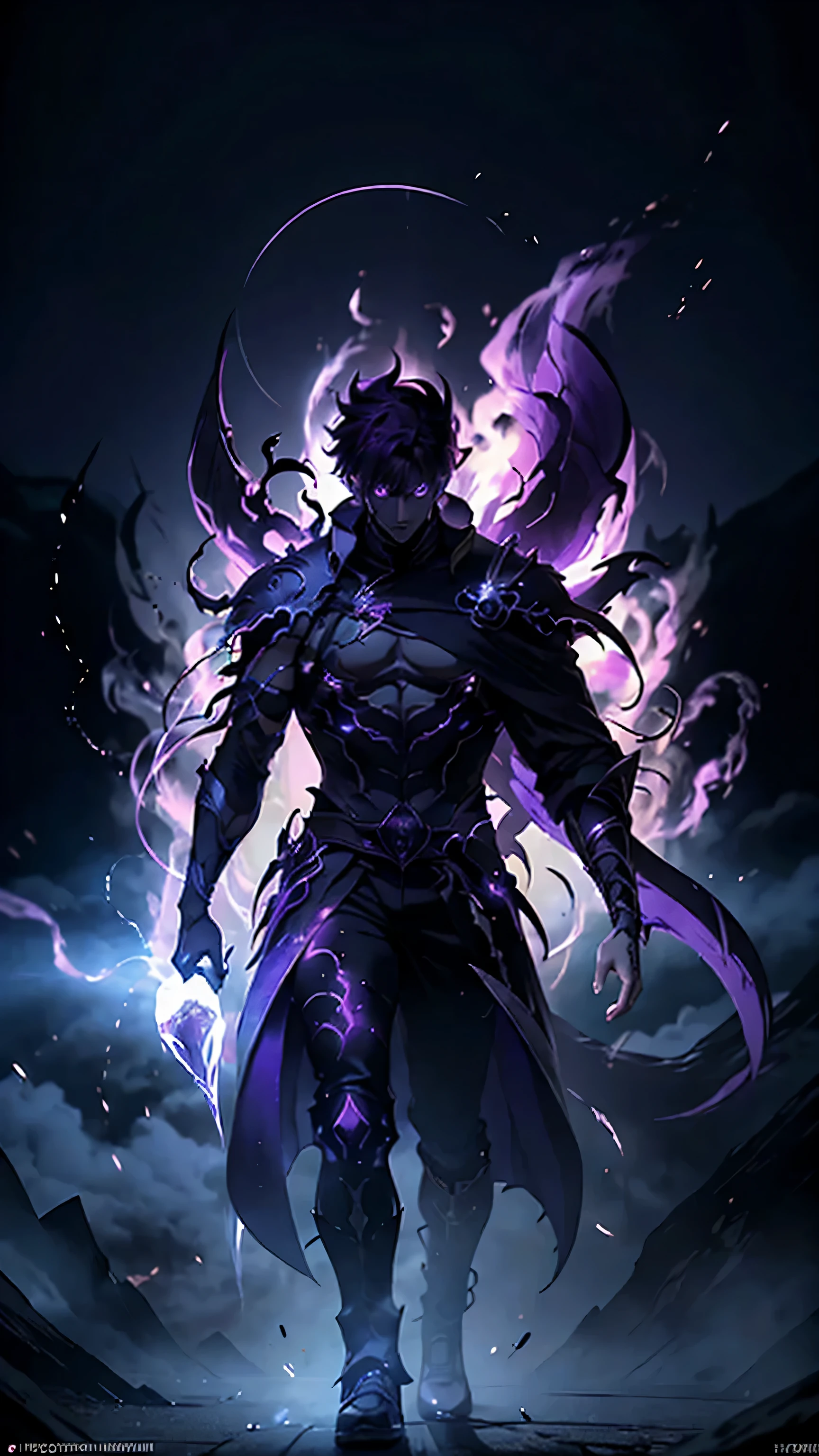 anime character with purple hair and glowing eyes in front of a dark background, handsome guy in demon slayer art, epic fantasy art style, badass anime 8 k, epic fantasy digital art style, detailed digital anime art, human male demon, portrait of hades, epic fantasy art style hd, fierce expression 4k, demon male, extremely detailed artgerm