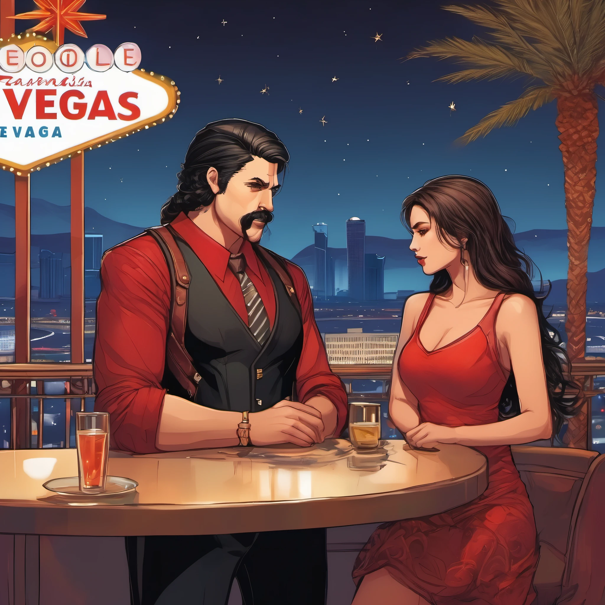 (obra maestra, Mejor calidad:1.2), 1 chico, thenahualli, serious, dangerous man, elegant, elegante, black vest, red shirt, standing, bodyguard of a long brown haired girl, bodyguard of a brunette girl with long hair, 1 girl, en terraza de hotel en Las Vegas, luxurious aambience , on a hotel terrace in Las Vegas, at night, de noche