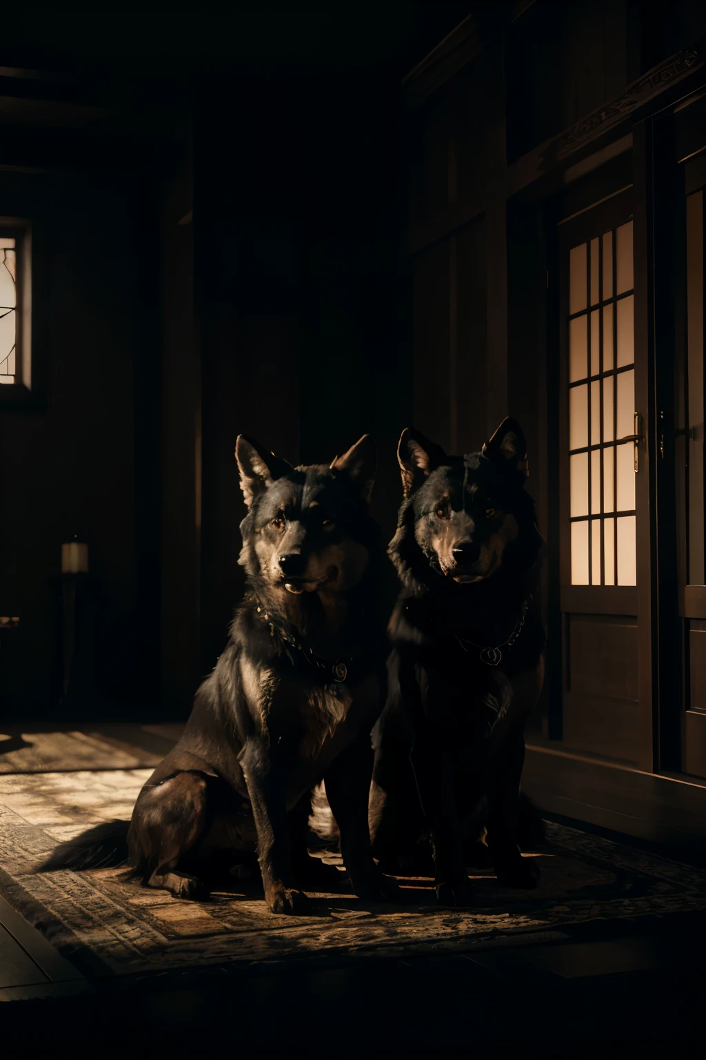 mega realistic high-contrast, cinematic still of fenrir the cerberus, dire black spirit wolf, mystic guardian gothic yokai, waiting in front of a celtic norse zen temple shrine machiya on background in the norwegian woods, the pacific beast looks calm and relaxed, the red and black theme of the surroundings reflects the raw energy and stealth, golden age european triptych illustration in the style of gustav klimt and yoshitaka amano, gymnopedie classical art painting by gustave courbet,motion graphics, cinematic parallax, hdri,pbr megascans textures, behance, cinema4d, octane render, nvidia omniverse, unreal engine 5, cgi in the style of ilene meyer and archillect, render by Zaoeyo