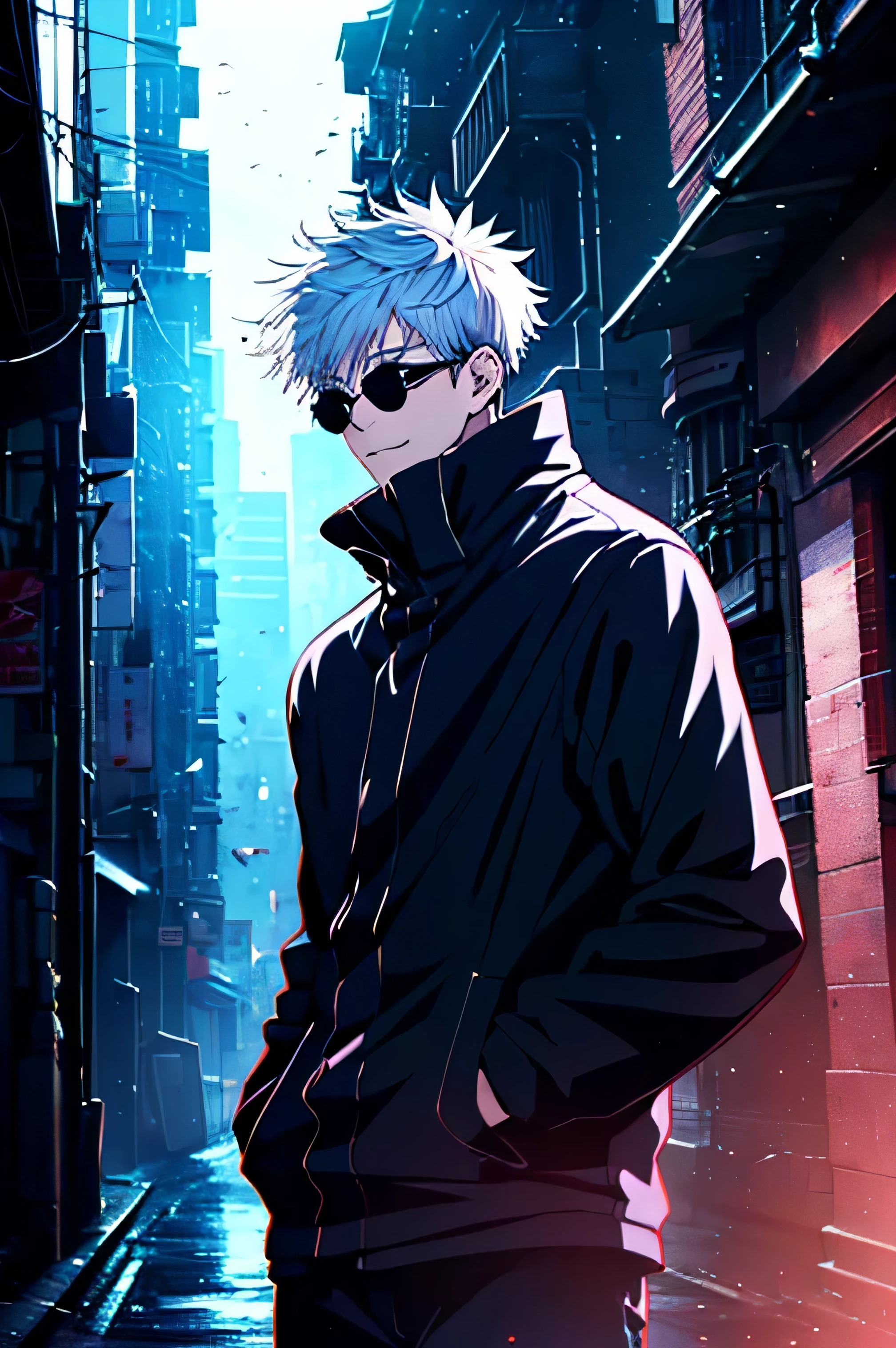 ruined, 1guy, self, epic composition, city ​​street, Japan, deserted street, the night, flashing in the background, Red and blue color, (tmasterpiece, beste-Qualit: 1.2), male focus, 1boy, Gojo Satoru, round eyewear, Sunglasses, hands in pocket, blindfold, black jacket, (Masterpiece:1.3),(Best Quality:1.2),8K,absurdress,Unity 8K WallPapper,(Extremely detailed:1.3),supreme, hight resolution, Amazing, illustartion, Beautiful studio soft light, Stunningly beautiful, incredibly absurdres, Vivid details, Cinematic lighting, moody lighting, pixiv, Award-winning, Professional, Highly detailed, Gojo1, inform, looking a viewer, Smile, Short hair, 1boy, Standing, jacket, white colored hair, male focus,spiked hair, facing viewer, (red background:1.1), high collar, blindfold, (Magic:1.3), (aura:1.3),