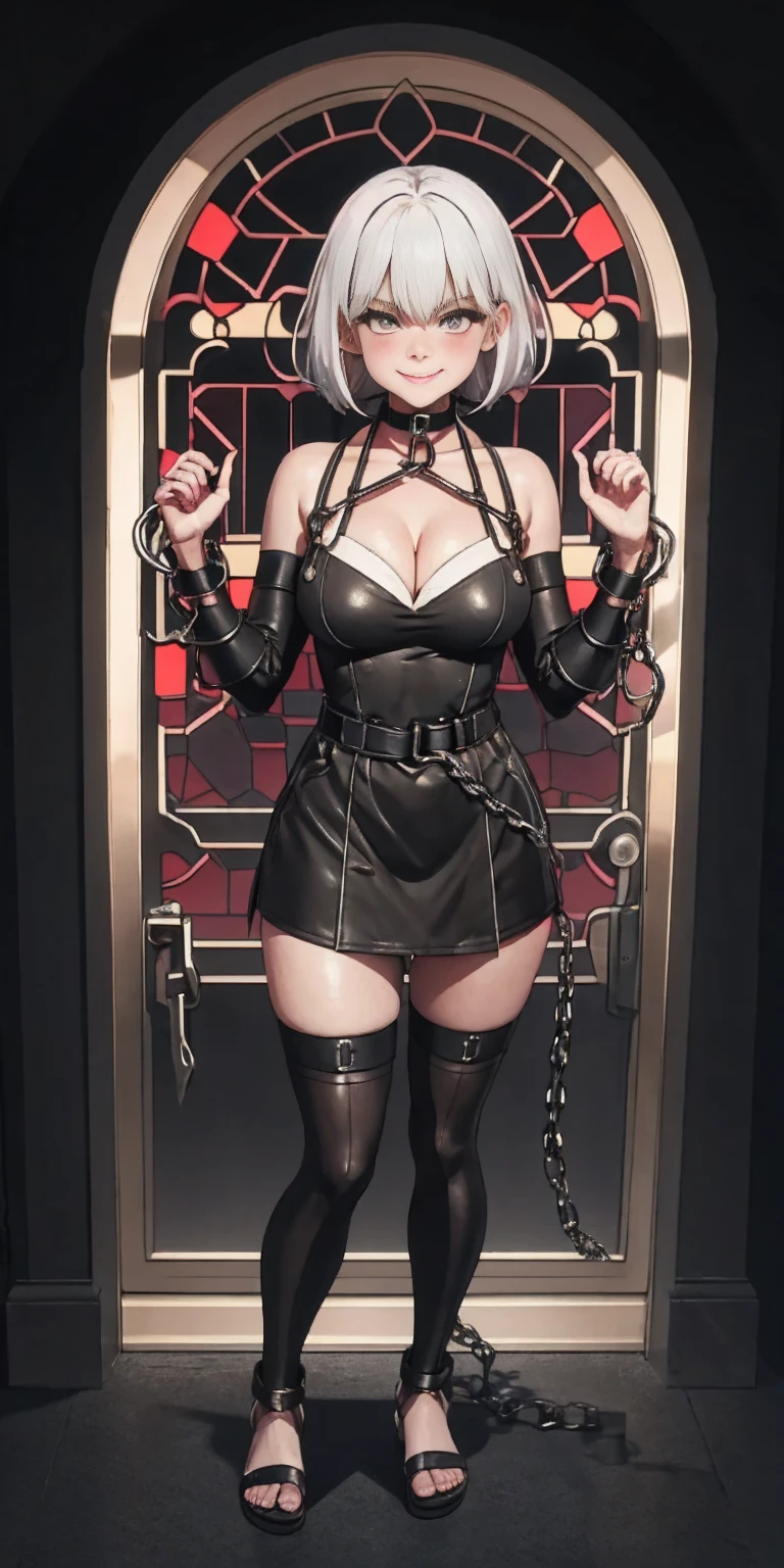 dark fantasy anime illustration of a (mature MILF BIMBO albino skin and short white hair), (FULL BODY) perfect face, wearing tight leather stealth armor, stalking, BIG KNOCKERS CLEAVAGE, lustful smirking smile red blush red cheeks, chain leash, kneeling, shackles, leather black collar slave, ((BLACK background)) WITH KNOCKERS on glass, glass window fog water drop, hands behind body, metal handcuffs, black choker collar, thigh highs, long legs, metal ankle, metal sandals, metal shoulders, standing straight symmetrical against glass