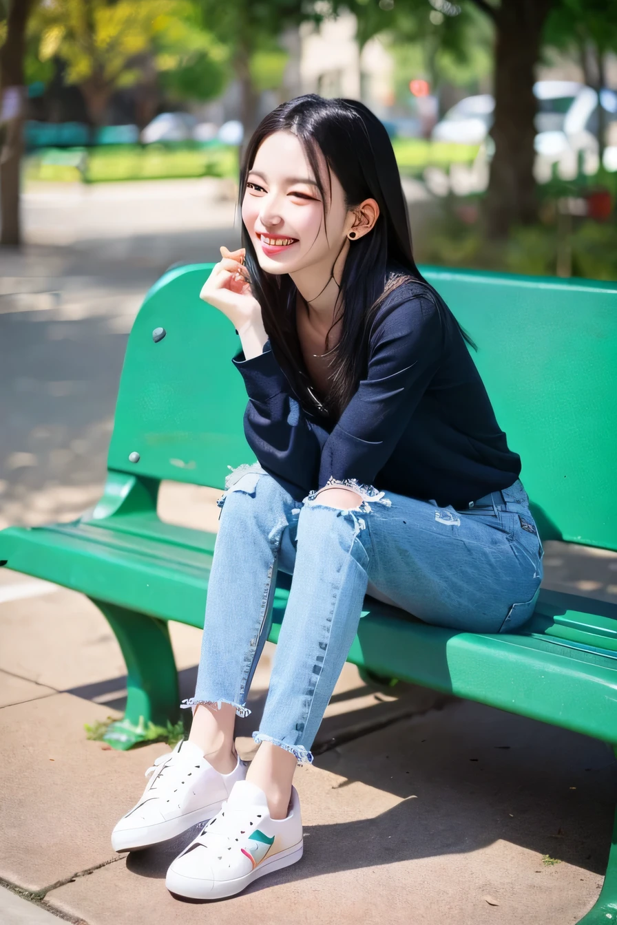 ((highest quality)), ((masterpiece)), (become familiar with), perfect face、((highest quality)), A neat and beautiful woman sitting on a park bench、long sleeve blouse、skinny denim、sneakers、black hair、smile、smile showing teeth、full body photo、ear piercing