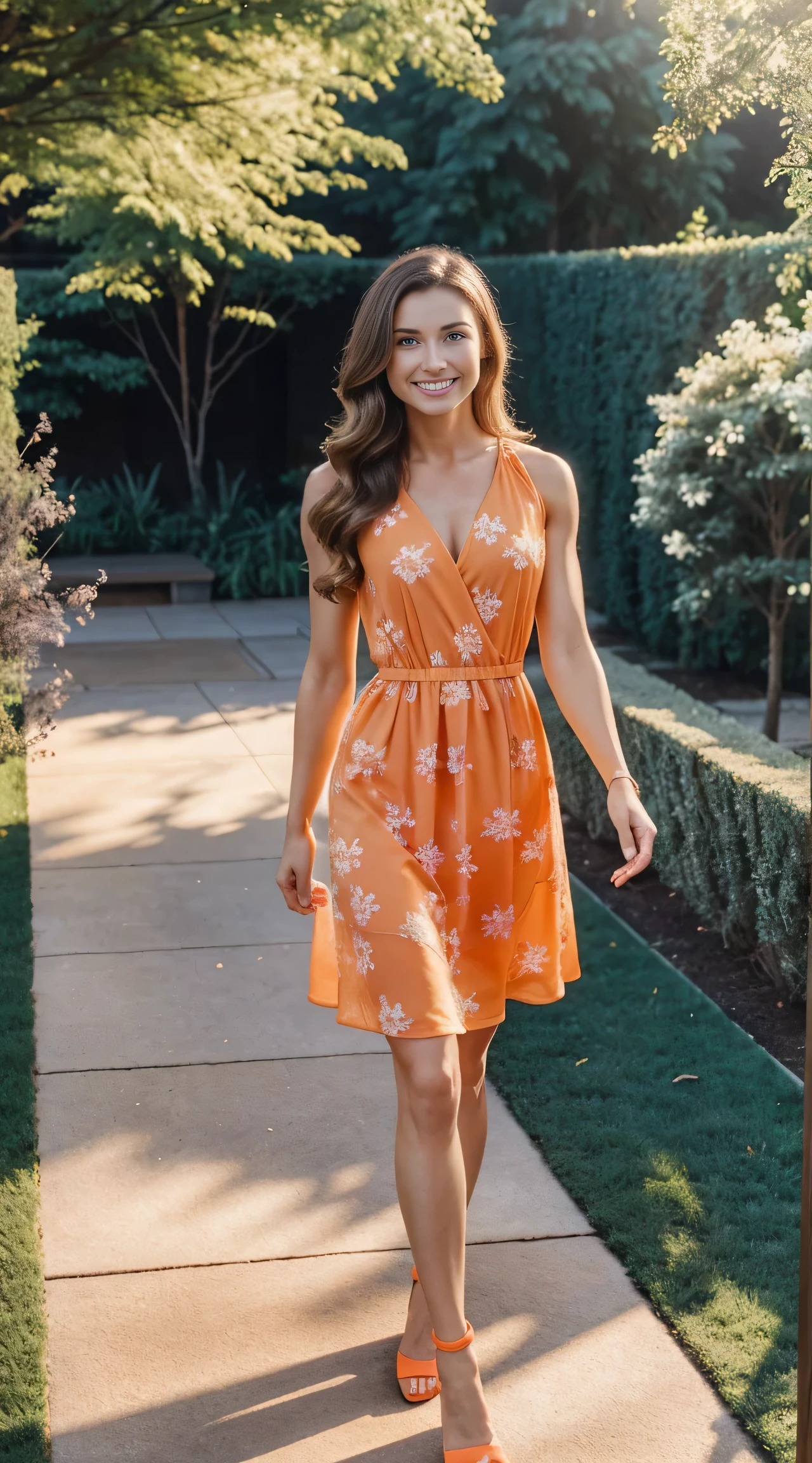 ultra-detailed (realistic, photorealistic) professional, caucasian woman who is a fitness and health expert standing in a garden, she is smiling and walking towards the camera and has long brown hair blowing in the wind and she is like an angel and is confident , feminine, wearing a beautiful bright orange ankle length dress