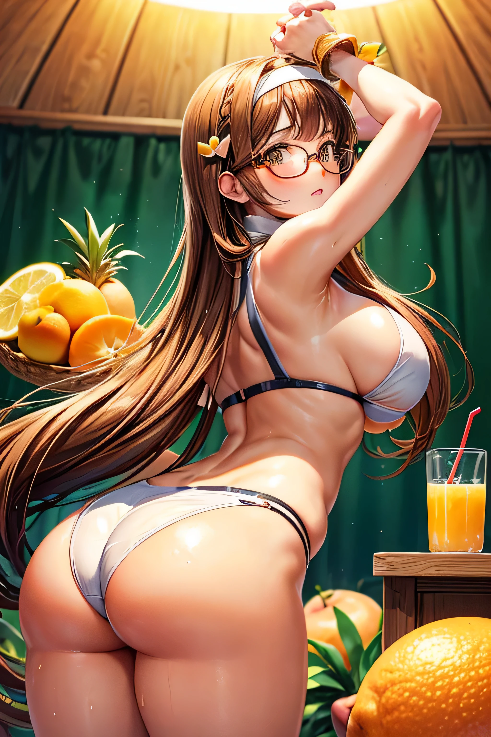 High resolution, high quality, 1 girl, anime girl, brown long hair, brown eyes,heart shaped pupils, green glasses, sunburned skin, big breasts,beautiful breasts, (big ass),beautiful ass,highleg nun,standing,arms behind head,(drink lots of juice),(Inflate your stomach),(lemonade),(lemon juice),(orange juice),(mango juice),(Pineapple juice),(apple juice),(peach juice),(water),at church,