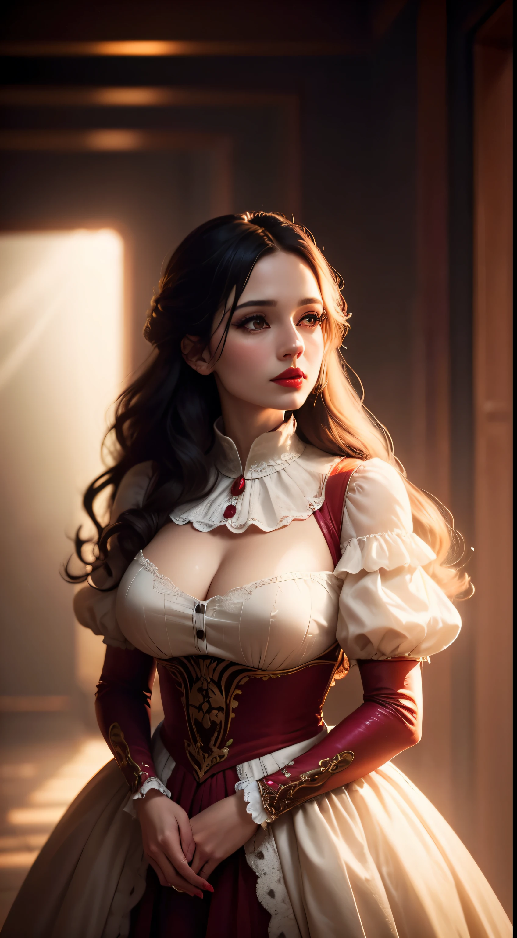 Woman, 30 years, romantic clothes, red lips, Surrealism, cinematic lighting, god rays, bokeh, UHD, masterpiece, super detail, high quality, from above, kiss scene