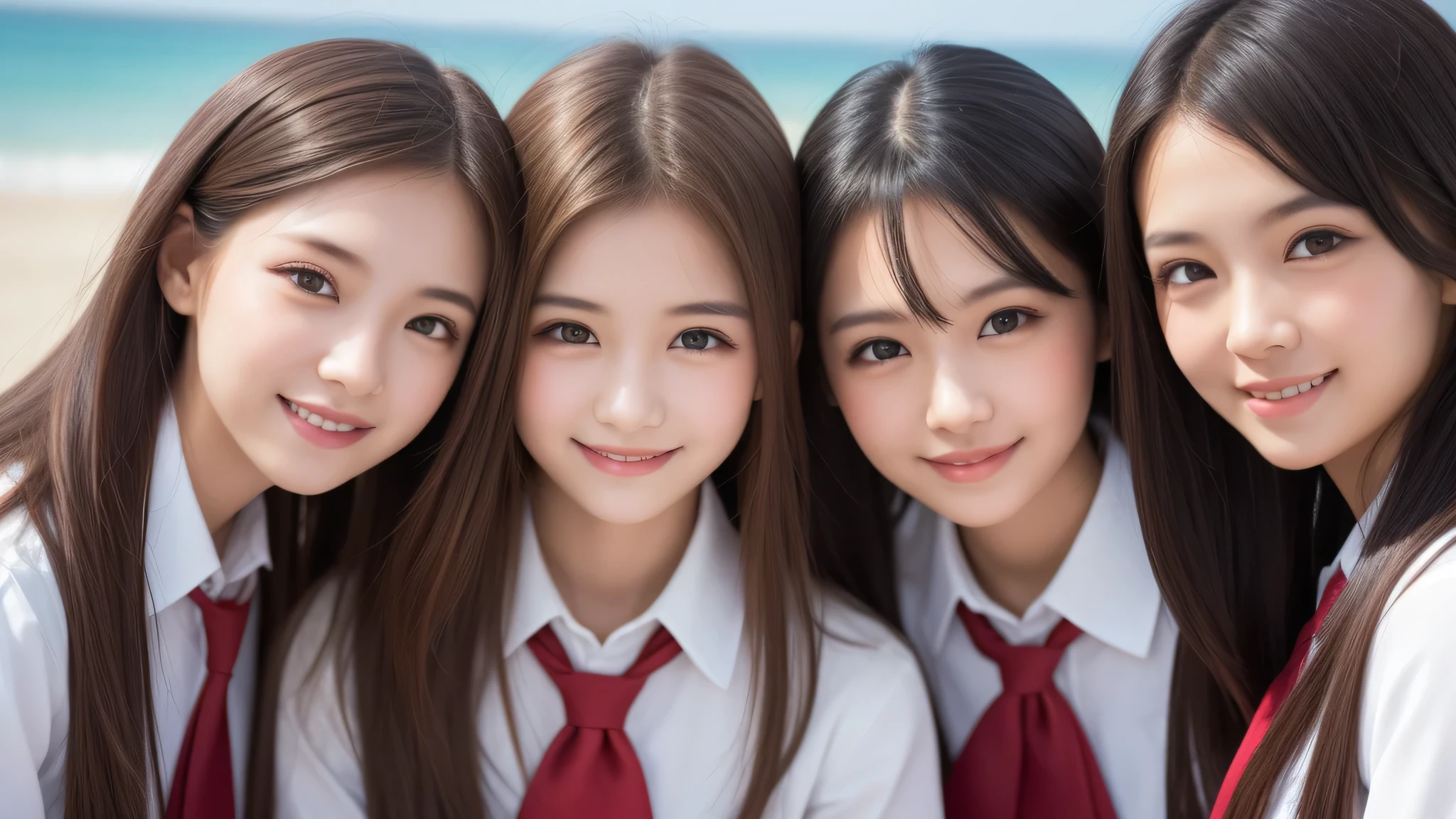 5girl, (big smile), beautiful face, Amazing face and eyes, delicate, (Best Quality:1.4), (Ultra-detailed), (extremely detailed beautiful face), (princess hair cut style), cute smile, brown eyes, (highly detailed Beautiful face), (high school uniform:1.2), (extremely detailed CG unified 8k wallpaper), Highly detailed, High-definition raw color photos, Professional Photography, Realistic portrait, evening, Extremely high resolution, smiling, modern, trendy, fashionable, Group photo of high school girls, face close-up, (beach)