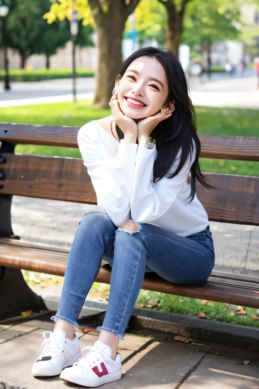 ((highest quality)), ((masterpiece)), (become familiar with), perfect face、((highest quality)), A neat and beautiful woman sitting on a park bench、long sleeve blouse、skinny denim、sneakers、black hair、smile、smile showing teeth、full body photo、ear piercing