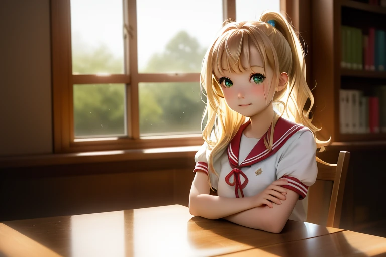 (Chiaki), ((masterpiece,highest quality, High resolution)), 1 girl, alone, green eyes, long blonde hair tied with a blue ribbon, dull bangs, sitting, arms crossed on the table, sleep with arms crossed, , white serafuku, red sailor collar, short sleeve, white pleated skirt, (at the library), dramatic light, next to the window, afternoon light through the window, afternoon, Bokeh effect