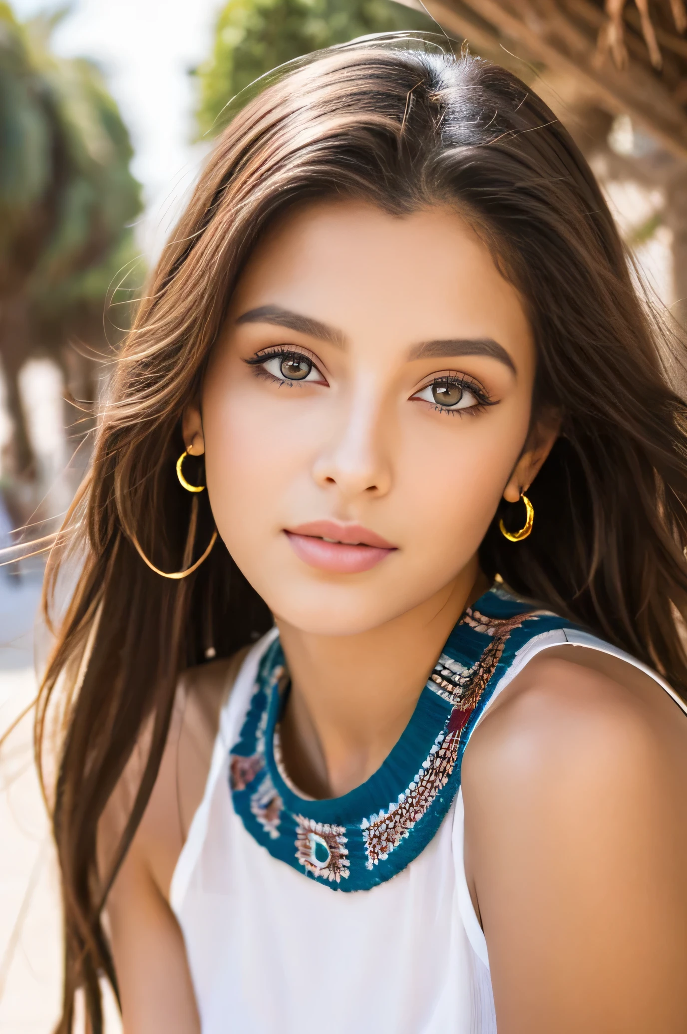 Greek beautiful young 18 year old GIRL WITH A MODEL APPEARANCE, symmetric eyes,makeup,Jewelry,with long dark hair,IN A RED AND BLACK CHECKED MINI SKIRT,In a short skirt,ABOVE KNEE SKIRT,in Egypt,Palm trees,Sunny,Skin detailing,f/48 mm ,soft light,hiquality,8K