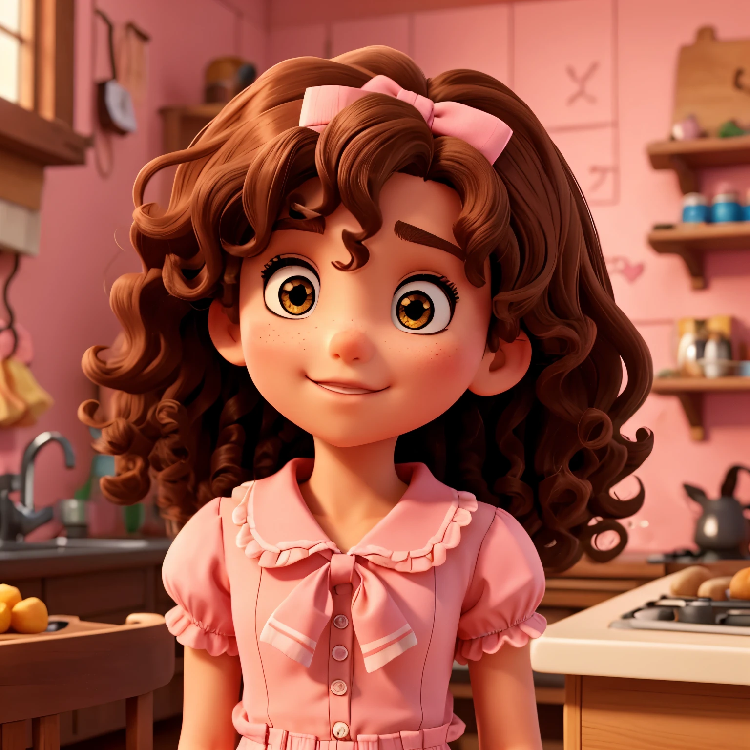 Girl with brown curly hair in a pink bow
