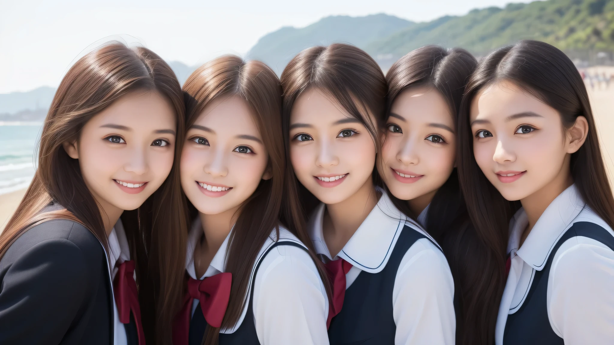 5girl, (big smile), beautiful face, Amazing face and eyes, delicate, (Best Quality:1.4), (Ultra-detailed), (extremely detailed beautiful face), (princess hair cut style), cute smile, brown eyes, (highly detailed Beautiful face), (high school uniform:1.2), (extremely detailed CG unified 8k wallpaper), Highly detailed, High-definition raw color photos, Professional Photography, Realistic portrait, evening, Extremely high resolution, smiling, modern, trendy, fashionable, Group photo of high school girls, face close-up, (beach)