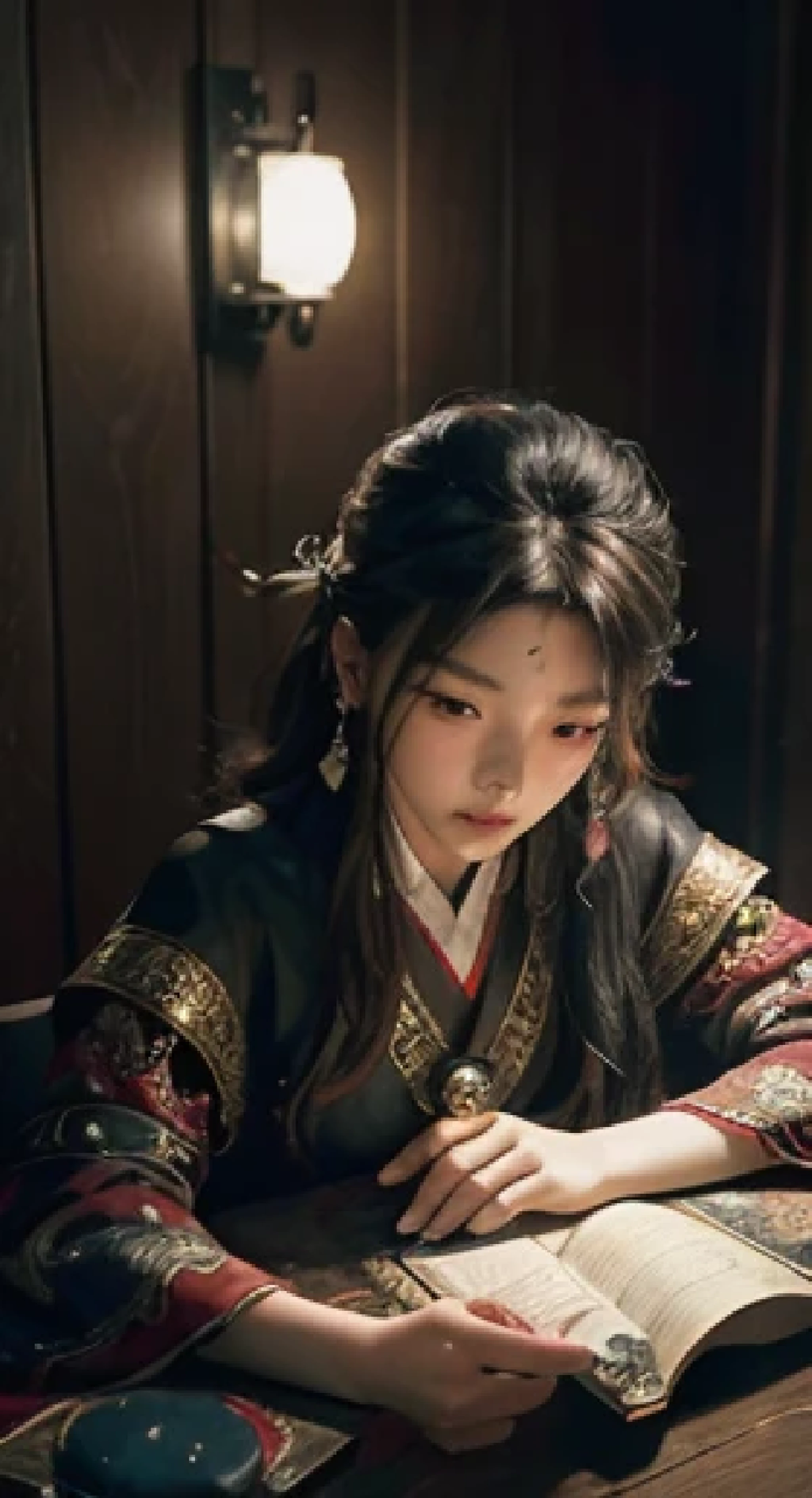(masterpiece, highest quality, High resolution:1.2), (very detailed, realistic), Kind and caring、A romantic fortune teller、Spreading the appeal of Qimen Dunjia、Release your inner power、We offer the key to regaining peace of mind。Please draw this fortune teller's appearance.。She has a calm expression、With deep understanding and empathy、I will teach you the wisdom of Qimen Dunjia。In the background, quiet nature、A relaxing space spreads out。I'd like an illustration that expresses the personality of this fortune teller and the appeal of Qimen Dunjia.。