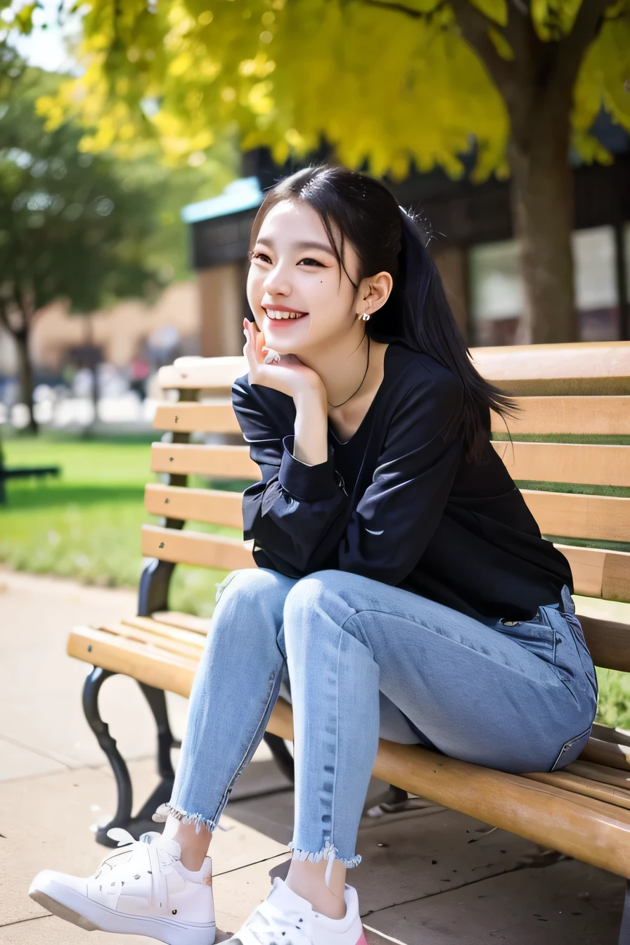 ((highest quality)), ((masterpiece)), (become familiar with), perfect face、((highest quality)), A neat and beautiful woman sitting on a park bench、long sleeve blouse、skinny denim、sneakers、black hair、smile、smile showing teeth、full body photo、ear piercing