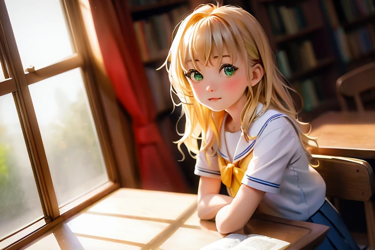 (Chiaki), ((masterpiece,highest quality, High resolution)), 1 girl, alone, green eyes, long blonde hair tied with a blue ribbon, dull bangs, sitting, arms crossed on the table, sleep with arms crossed, , white serafuku, red sailor collar, short sleeve, white pleated skirt, (at the library), dramatic light, next to the window, afternoon light through the window, afternoon, Bokeh effect