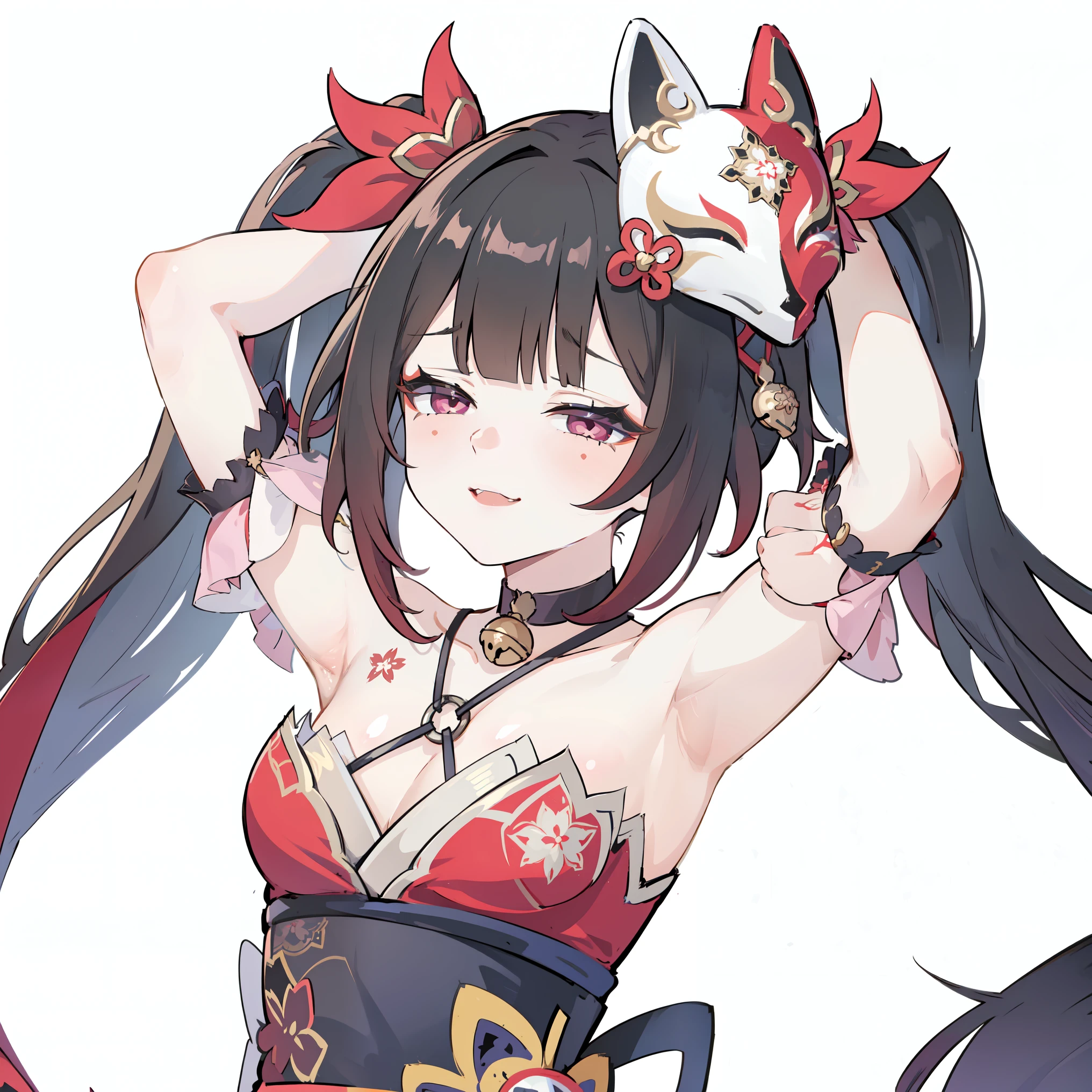 1girl, a girl standing with her finger on her own mouth, sparkle \(honkai: star rail\), small breasts, twintails, hair ornament, solo, off shoulder kimono, mask on head, detached sleeves, choker, obi, (arms up, armpit, lewd, sfw), (glove), wristband, criss-cross halter, thigh strap, blush, face closeup, portrait, looking at viewer, gasping, ecstasy, head tilt, seductive smile, wicked smile, sharp teeth, smug, white background, masterpiece, best quality