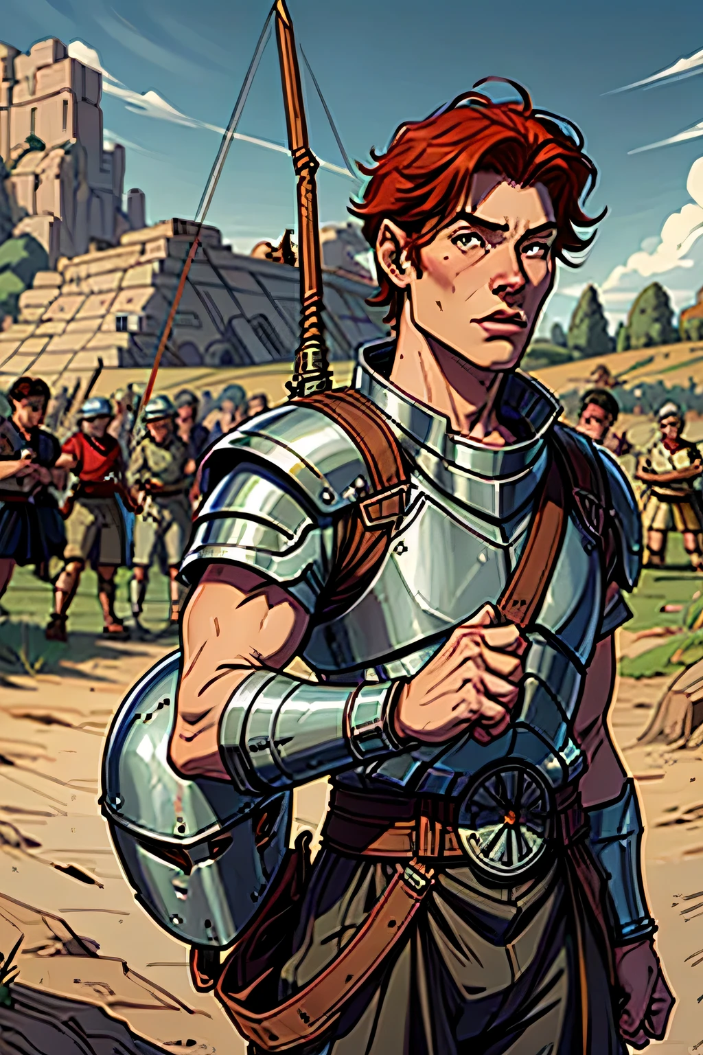 young boy of 13 years old, with short red hair, wearing a sheep shepherd's outfit, with a slingshot in his hand, biblical style, in front of a giant, wearing armor, with a helmet, biblical style, in the middle of a battle, with armies of two sides