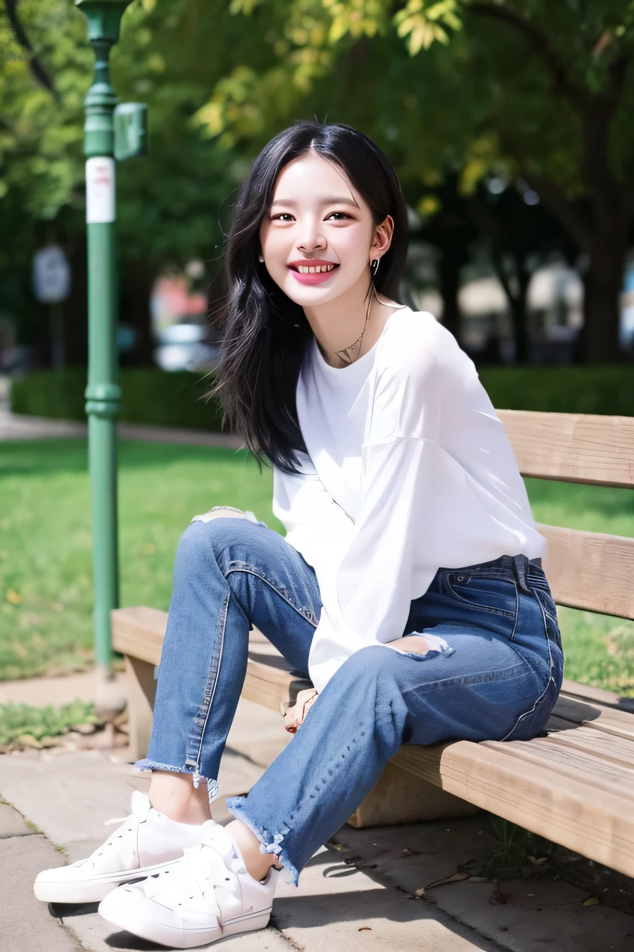 ((highest quality)), ((masterpiece)), (become familiar with), perfect face、((highest quality)), A neat and beautiful woman sitting on a park bench、long sleeve blouse、skinny denim、sneakers、black hair、smile、smile showing teeth、full body photo、ear piercing