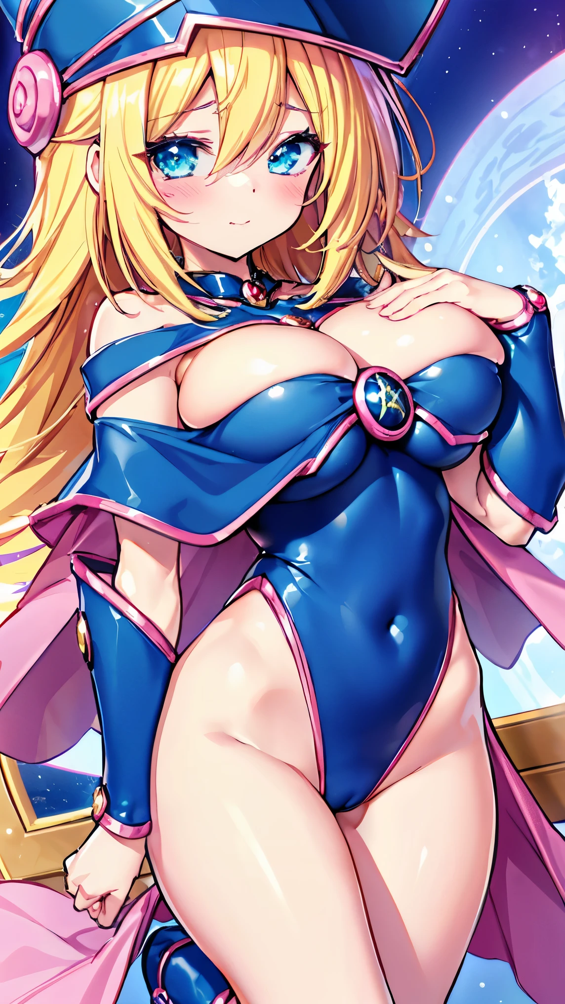Black Magician Girl、super breasts、thick thighs、blonde hair、magic circle、8K, 4k, highest quality, High resolution: 1.2),winking、One breast exposed、cute anime face、Pink blush on cheeks、noise removal、Leotard that bites into