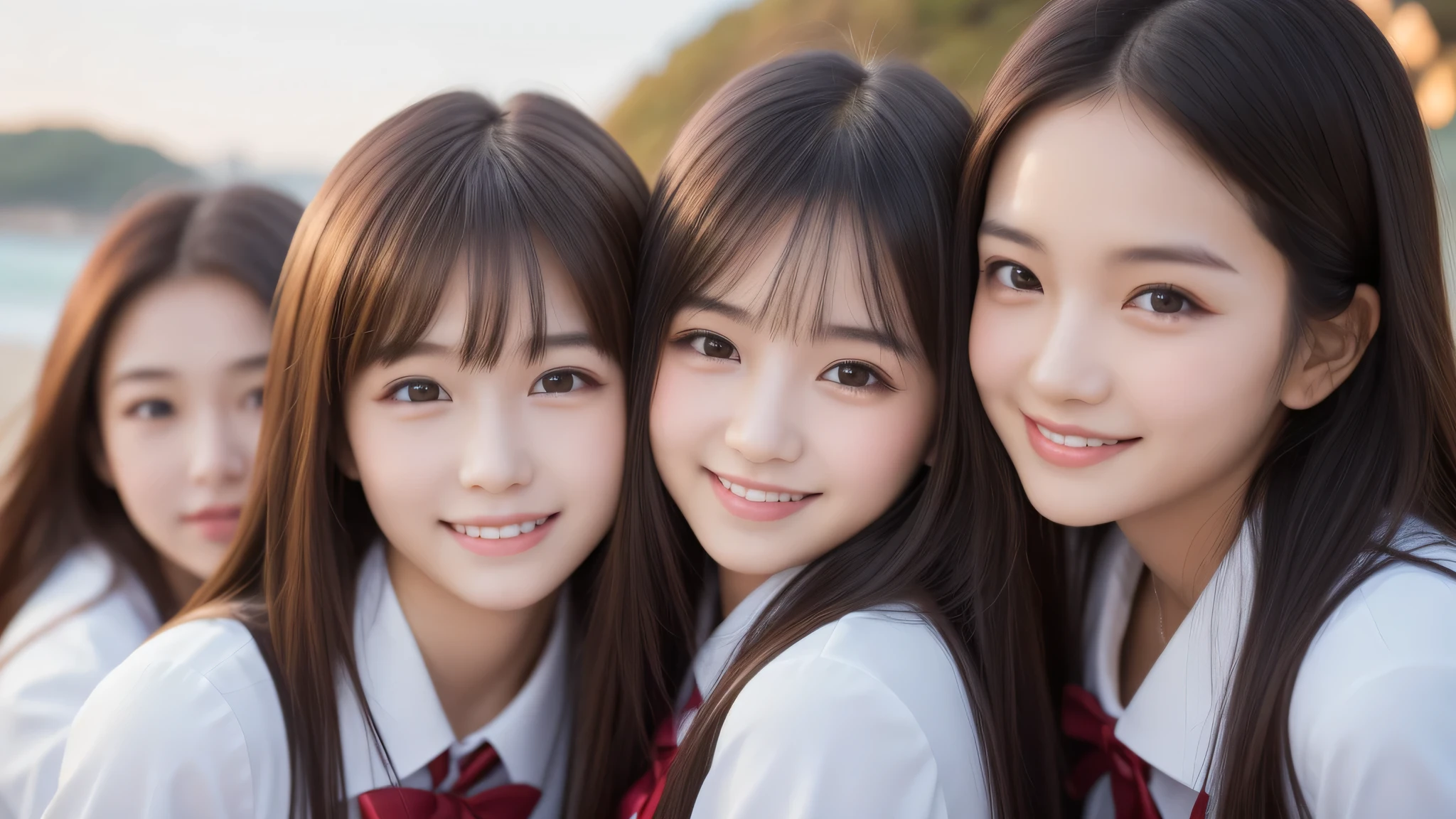 5girl, (big smile), beautiful face, Amazing face and eyes, delicate, (Best Quality:1.4), (Ultra-detailed), (extremely detailed beautiful face), (princess hair cut style), cute smile, brown eyes, (highly detailed Beautiful face), (high school uniform:1.2), (extremely detailed CG unified 8k wallpaper), Highly detailed, High-definition raw color photos, Professional Photography, Realistic portrait, evening, Extremely high resolution, smiling, modern, trendy, fashionable, Group photo of high school girls, face close-up, (beach)