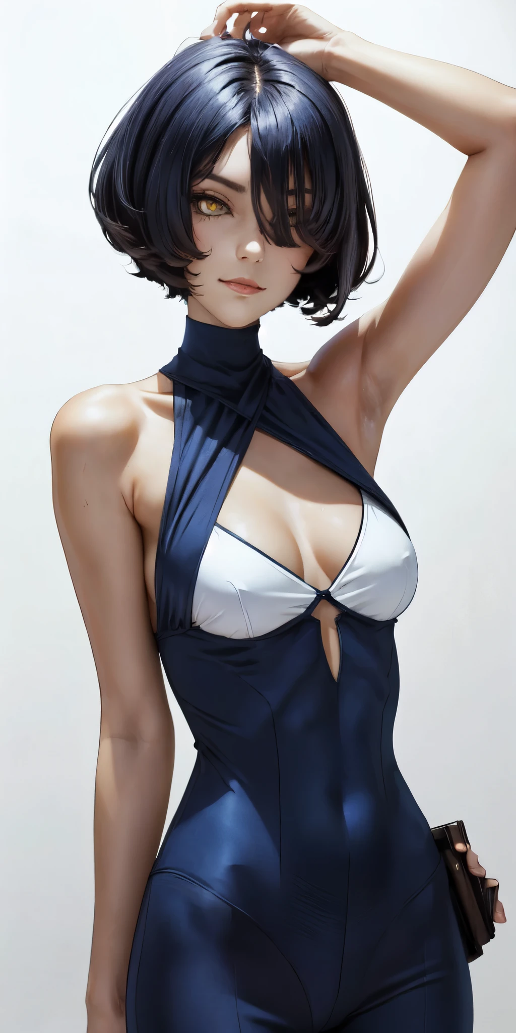 very young slim fit girl, full height, rounded face, (disheveled dark blue bob cut:1.3), (big yellow eyes:1.4), shy smile, perfect flat breast, look at you, (ahoge:1.2), megane, (white wall, simple scene, white backgrounds, clean scene:1.4), sashagrey, a strand of hair from the bangs hangs between the eyes, accurate small snub nose 