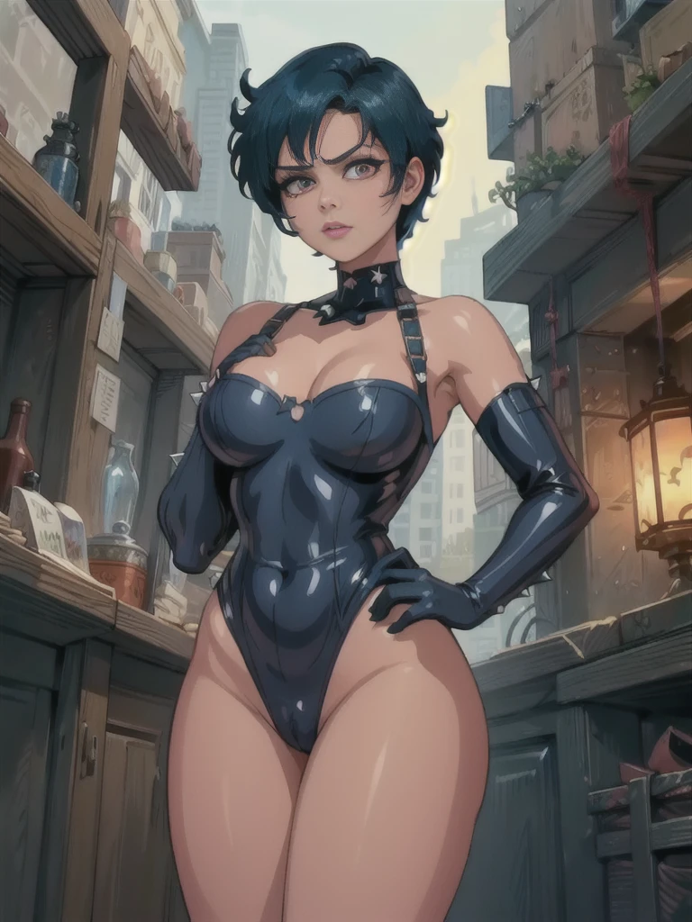 Full HD, 4K.(masterpiece:1.5), (best quality:1.5), amazing, beautiful detailed, extremely detailed wallpaper, extremely detailed CG unity 8k wallpaper, extremely delicate and beautiful, finely detailed, extremely detailed wallpaper, official art, detailed background, ,DollFace, ((30yr old,)) sailor mercury, blue hair,short hair ,red eyes, dominatrix
black body suit, shoulder pads, cleavage, spikes,
upper body, cowboy shot, standing,
underworld, night red sky, bar,
(insanely detailed, masterpiece, best quality) solo,
