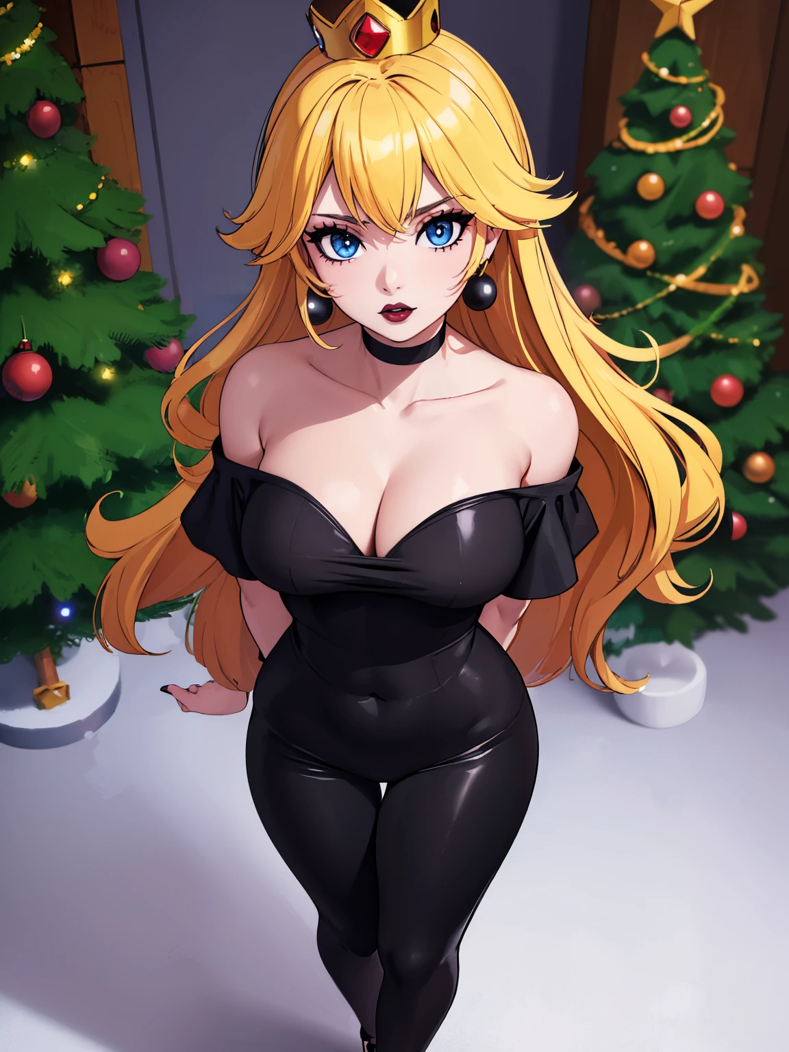 ((high detailed, best quality, 4k, masterpiece, hd:1.3)), ((best quality)), ((HD)), ((8k)), (ultraHD), log cabin, bonfire, Christmas Tree, X-Mas tree, Princess Peach with christmas gifts, BREAK blue eyes, seductive, attractive, smooth anime cg art, 36C breasts, cleavage, long legs, vivid colors, detailed digital art, slim body, perfect skin, blonde hair over one eye, BREAK crown, cleavage, looking at viewer, BREAK looking at viewer, extremely detailed face, pink_T-shirt, pink T-Shirt, black_thong, black_gstring_thong, black thong, earrings, gem, dark black makeup lips, (black high heels), high heels, dark gothic eyeshadows, dark eyeshadows, black eyeshadows, black sexy lips, black lips, (dark:1.2), dark lips, very dark lips, (perfect hands, perfect anatomy), black makeup, black lips, detailed fingers, five fingers per hand, 5 fingers, (1 girl), (solo:1.3), detailed lips, detailed black lips, black painted lips, gothic painted lips, (breast focus), (breasts out:1.3), (off shoulder:1.1), (arms behind back:1.2),