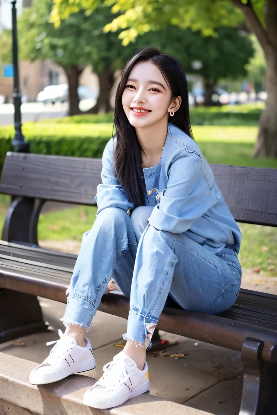 ((highest quality)), ((masterpiece)), (become familiar with), perfect face、((highest quality)), A neat and beautiful woman sitting on a park bench、long sleeve blouse、skinny denim、sneakers、black hair、smile、smile showing teeth、full body photo、ear piercing