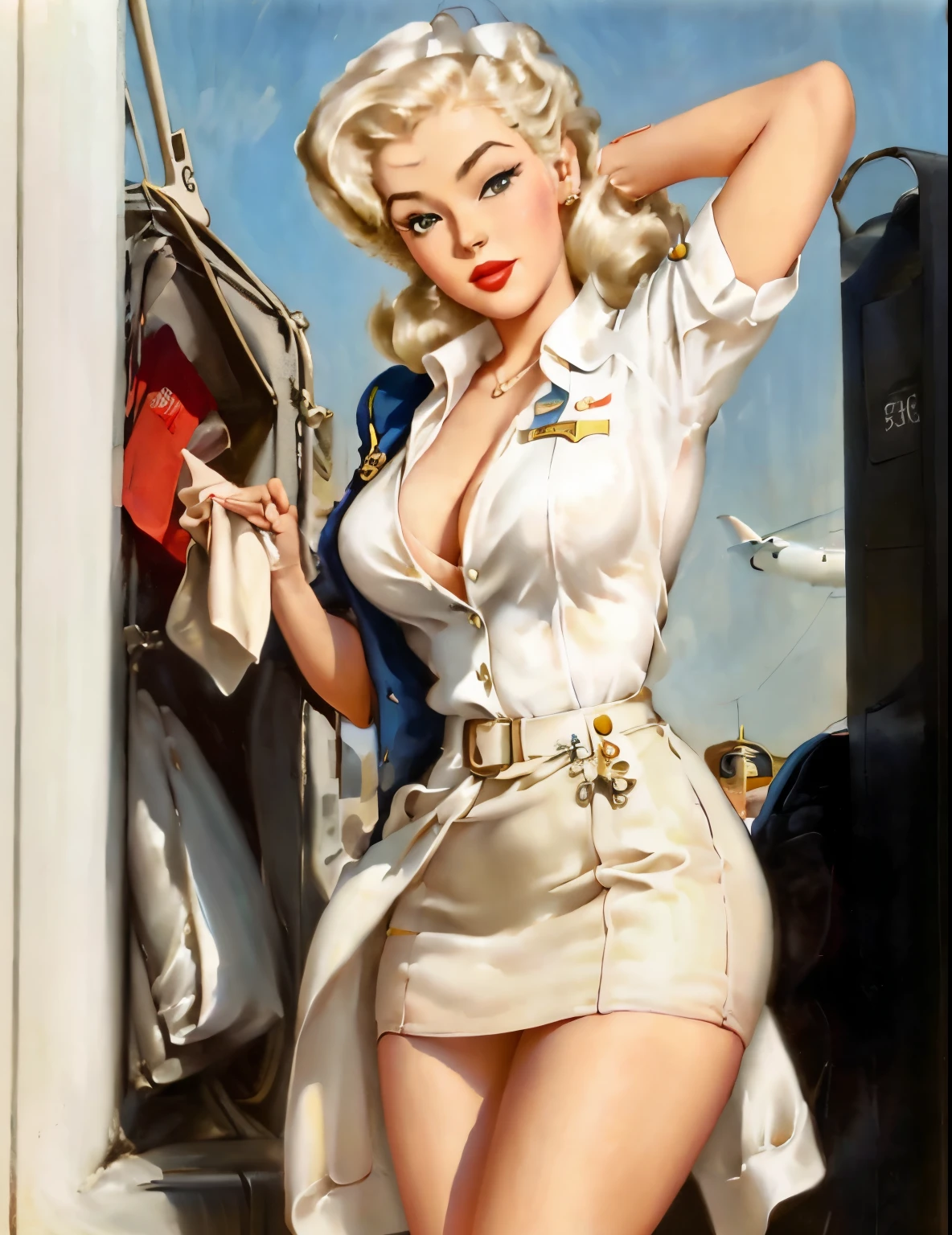 pin-up girl, air stewardess, short skirt, airport, 