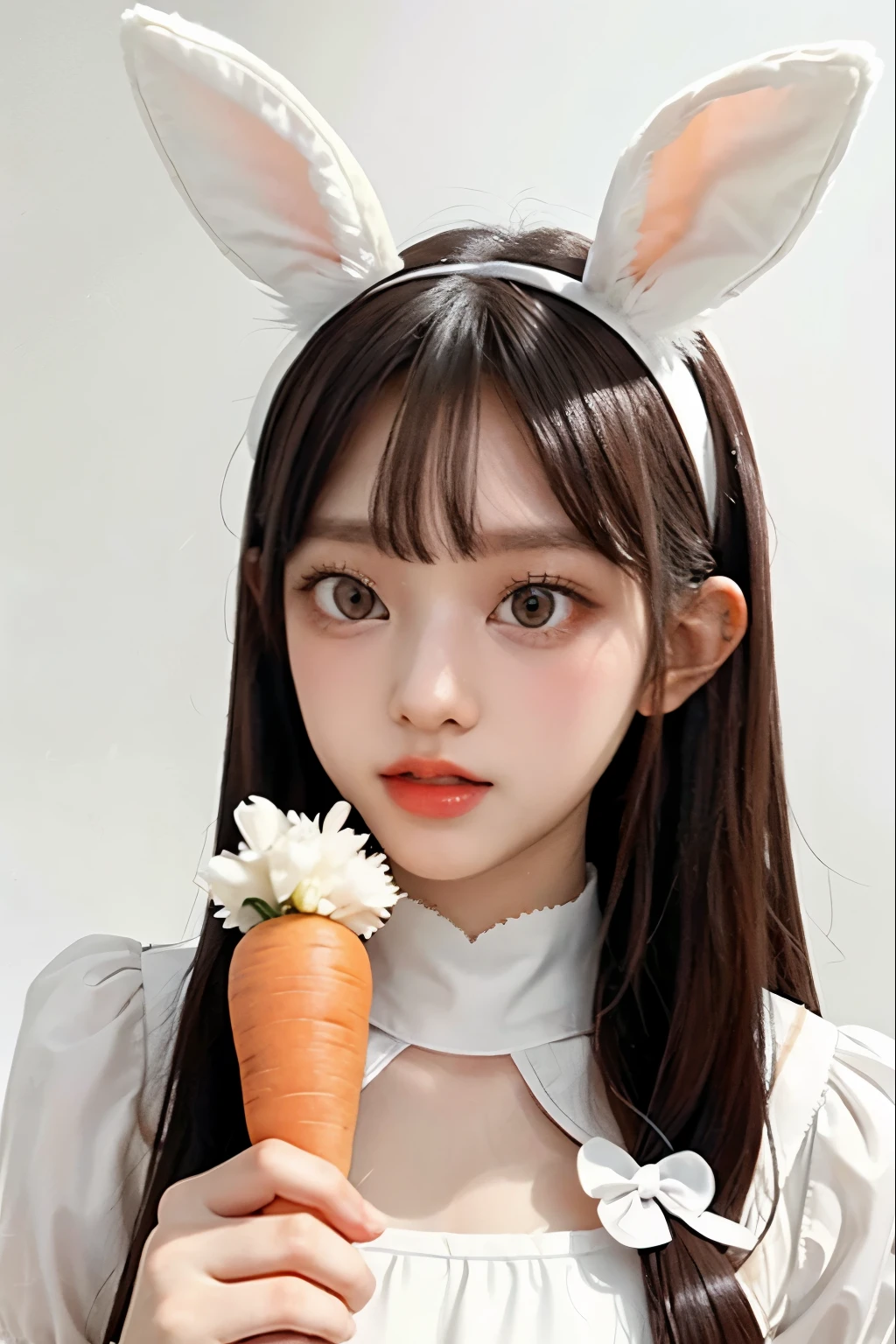 1 woman, White dress, white background, rabbit headband, carrot prop
