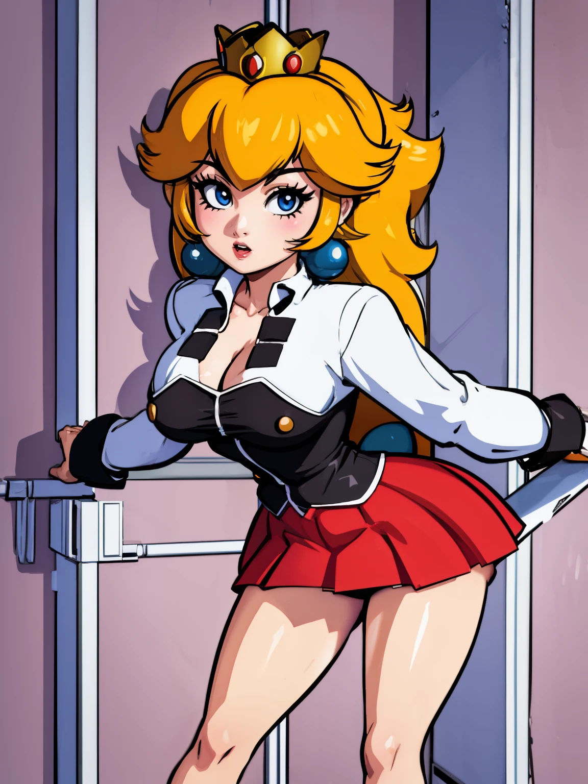 Princess Peach, bible black , large breasts, fully body shot, white shirt, tight red skirt