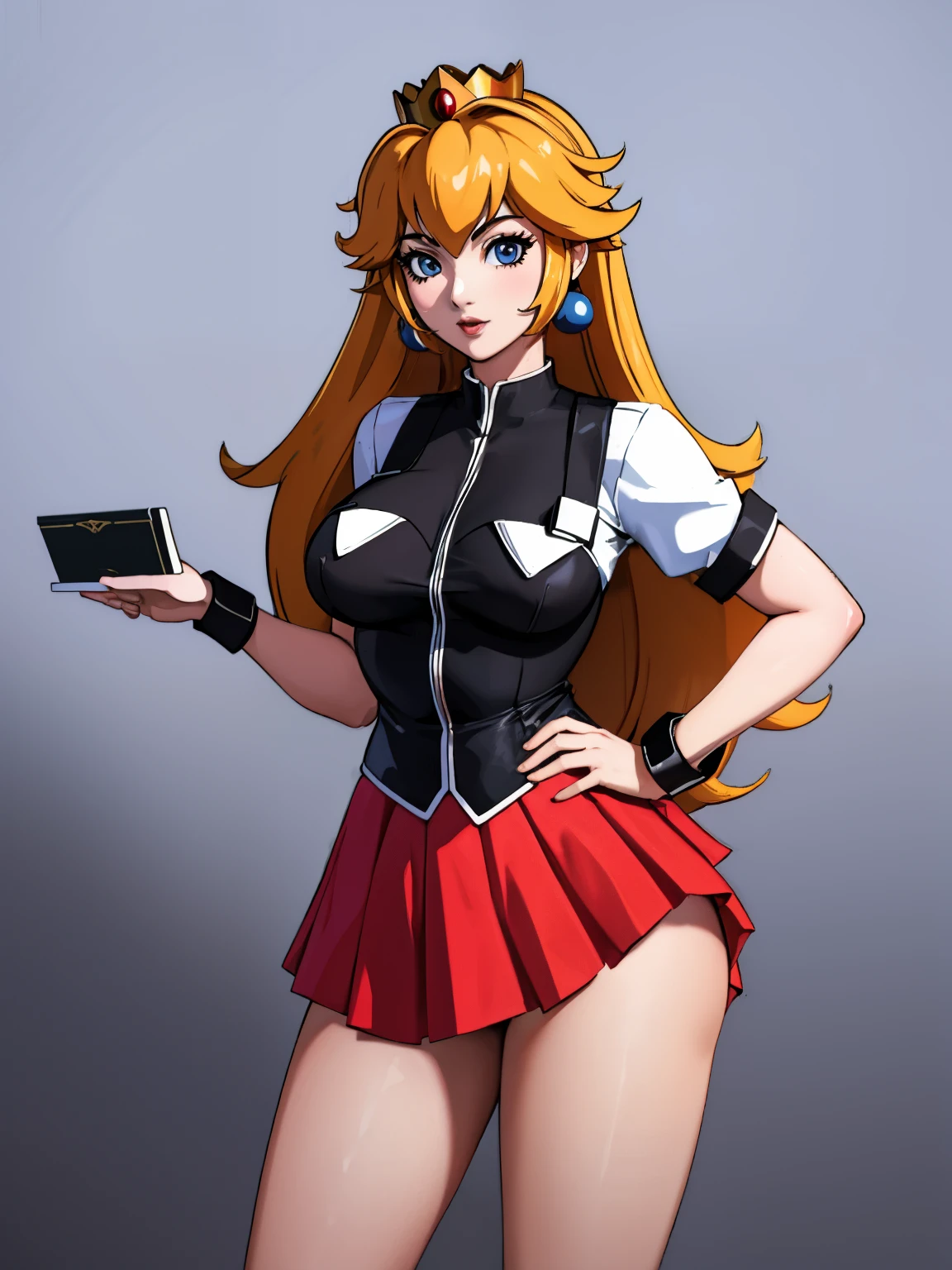 Princess Peach, bible black , large breasts, fully body shot, tight white shirt, tight red skirt, sensual pose, horny