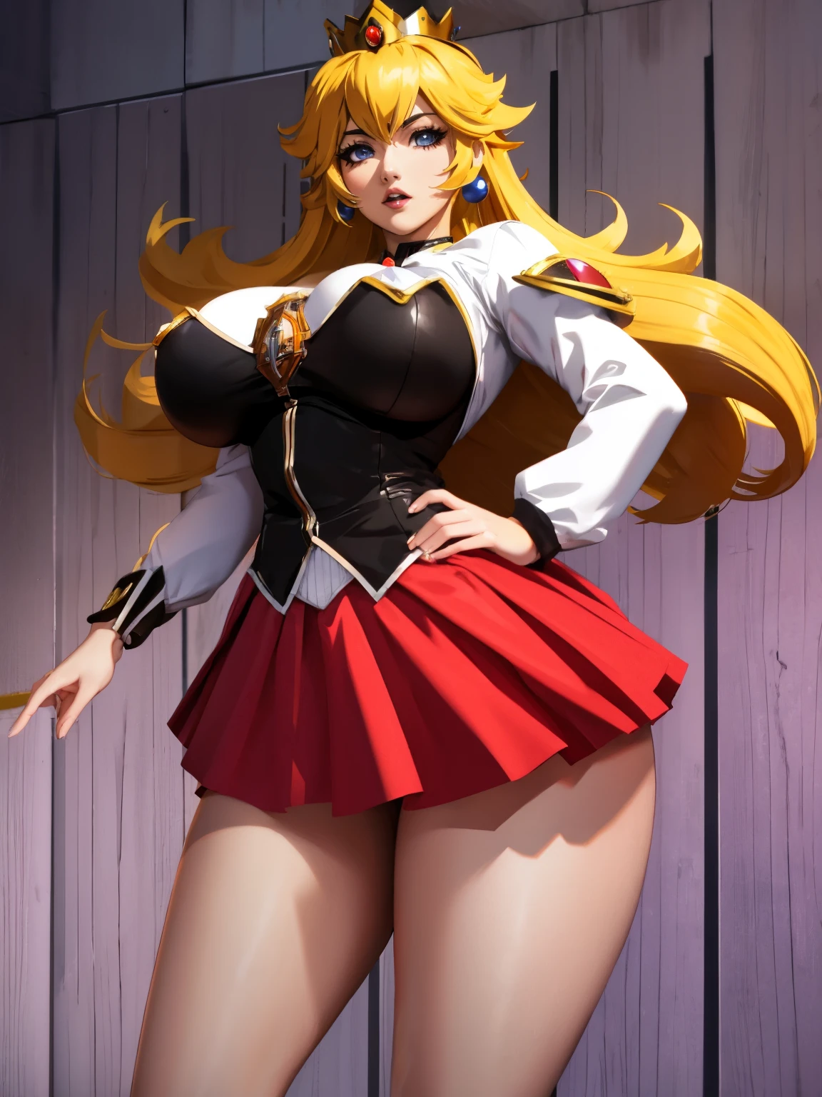 Princess Peach, bible black , large breasts, fully body shot, white shirt, tight red skirt