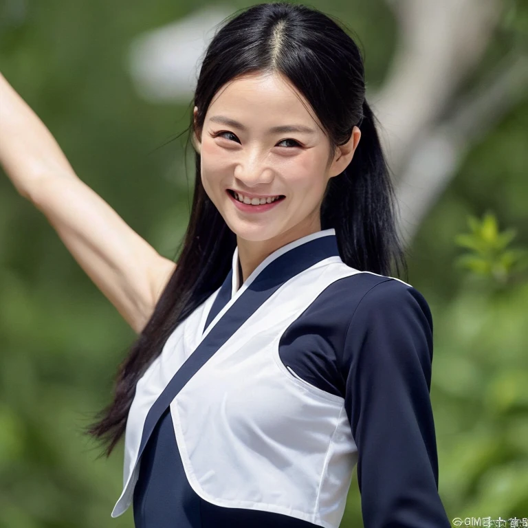 A strong and focused woman, It's long, Black hair tied in a ponytail, Located in the middle of a quiet forest. Her brown eyes, Sharp and intense, Fixed at a distant, invisible point. Her short bob, framing her face, It adds to her mysterious and enigmatic aura.. Her upper body is zoomed in in this high-resolution depiction., Showing off toned muscles. must-have, Or traditional Chinese martial arts uniforms, Stick tightly to her body.
Sudden, She broke the silence、I opened my eyes, And she signals to the viewer a broader perspective., confident smile.