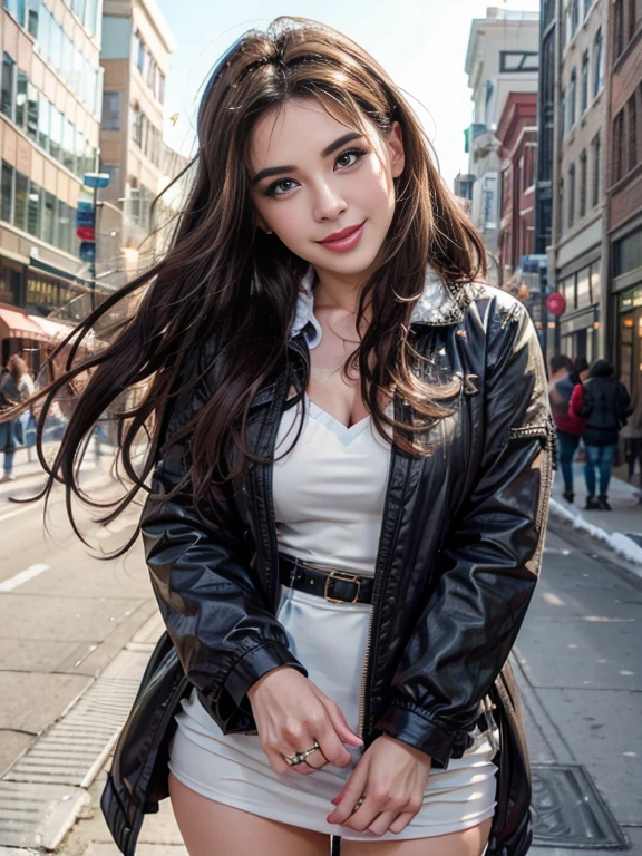 In the winter downtown scenery、A highly detailed and realistic cowgirl with dark hair looks at the viewer with a smile。The video is of the highest quality、4K resolution、High resolution and impressive（Strength 1.2）。This scene is、Capturing the essence of spring in the city centre。