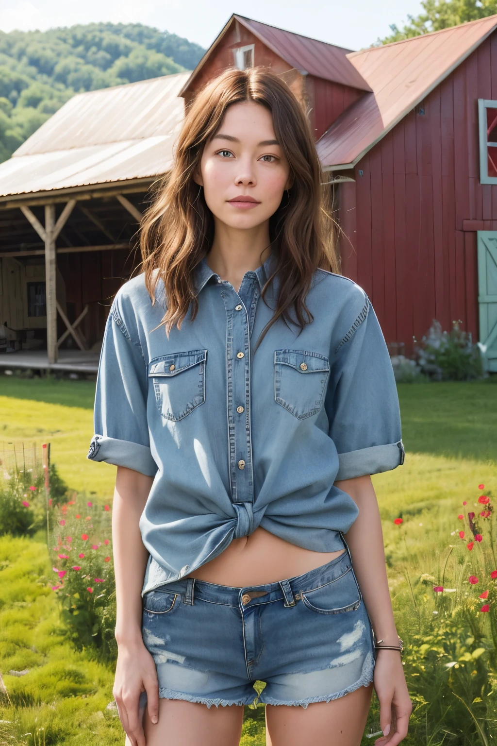 A breathtaking woman, adorned in a intricately knotted plaid shirt, denim shorts hugging her narrow waist, the navel peeking out from under the untucked shirt, stands before a picturesque barn. The scene unfolds in lush detail: high definition, ultra-high-resolution, photo-realistic, cinematic lighting, the plaid pattern showing off every thread and fiber, the denim shorts possessing a worn-in, authentic look that accentuates her slender figure. The barn, with its red, weathered wood and rusted metal, adds to the serene atmosphere of this idyllic setting. The woman's face, framed by the sun