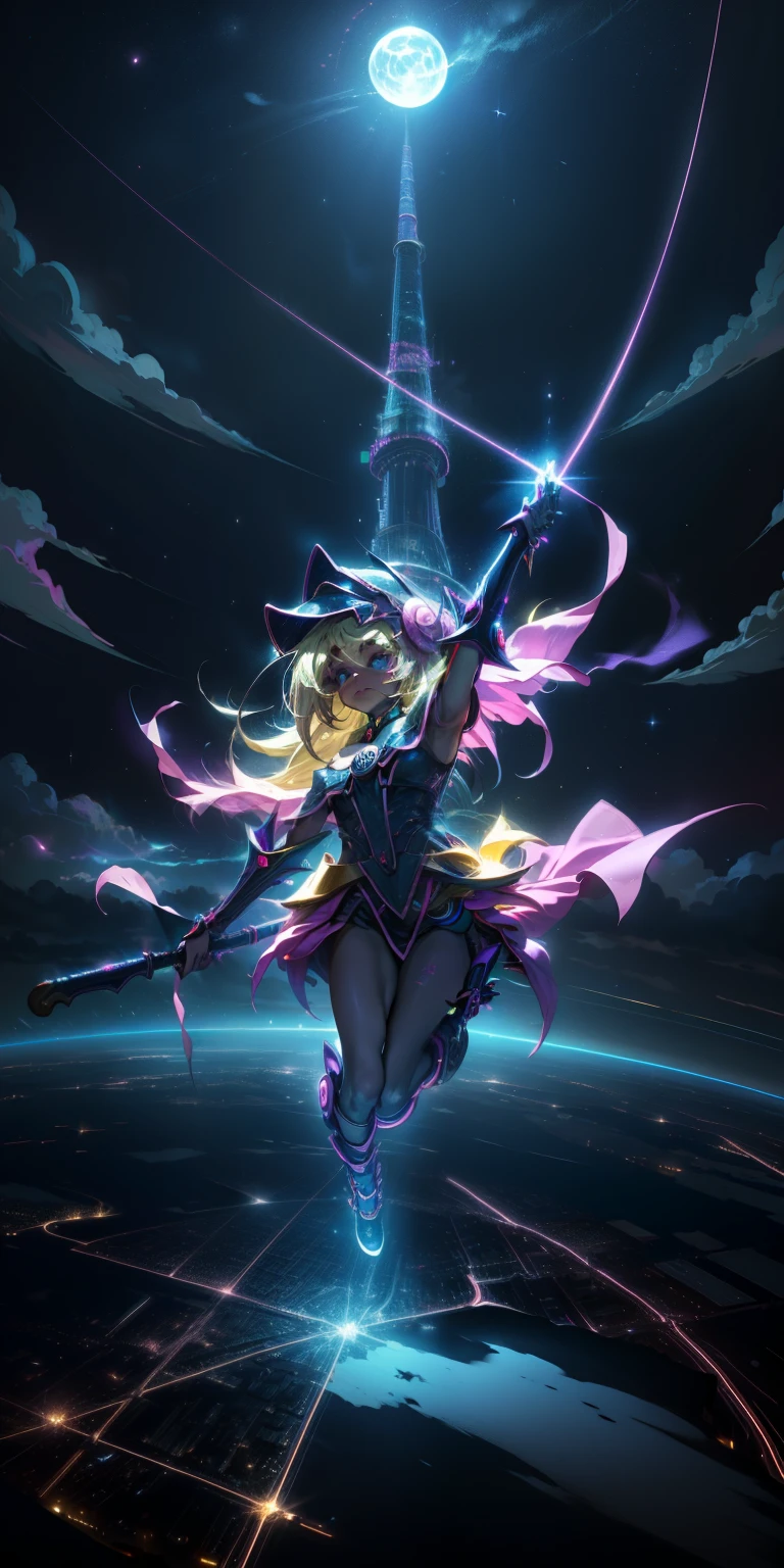 Mujer preciosa dark magician girl ( neon cyberpunk ), The neon sings, neon lighting, RTX chica maga oscura iluminando volando en el aire. Encima de la ciudad a media noches. Luna llena. Cielos de estrellas. Mago oscuro volando