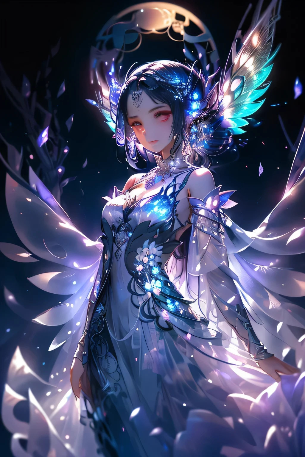 Liraelle, the ethereal fairy of grace and enigma, stands before you, her translucent wings aglow with an otherworldly light. The silver strands of her cascading hair seem to capture the moonlight in a perpetual dance, their lustrous sheen mirroring the complex depths of her restless soul. Her deep-rooted eyes, brimming with the magic of chaos, radiate an intense wildness, reflecting the myriad facets of her troubled spirit. She is attired in garments woven from delicate fabrics, their shimmering embellishments a testament to her magical essence. Around her slender neck, she wears
