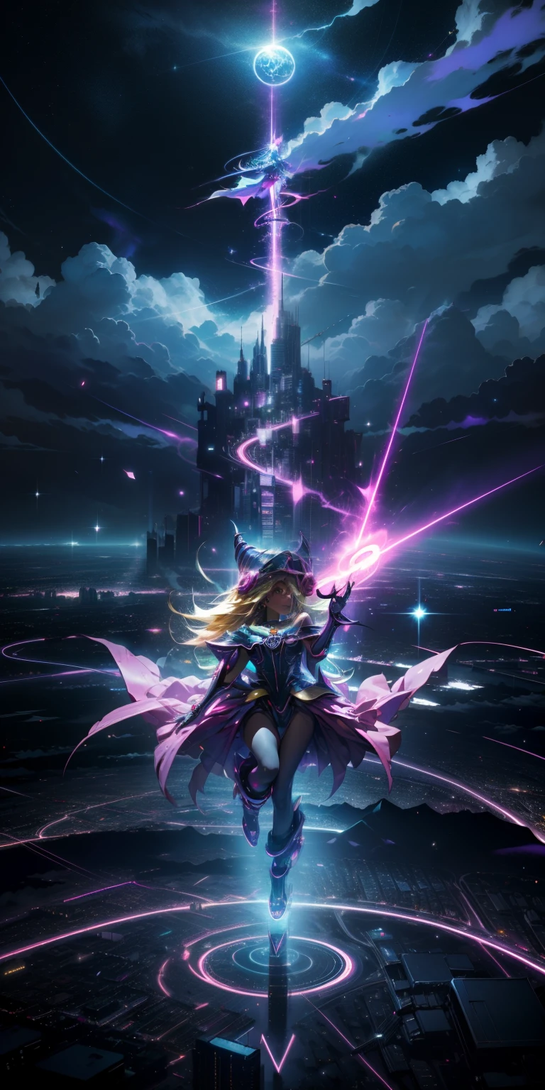 Mujer preciosa dark magician girl ( neon cyberpunk ), The neon sings, neon lighting, RTX chica maga oscura iluminando volando en el aire. Encima de la ciudad a media noches. Luna llena. Cielos de estrellas. Mago oscuro volando