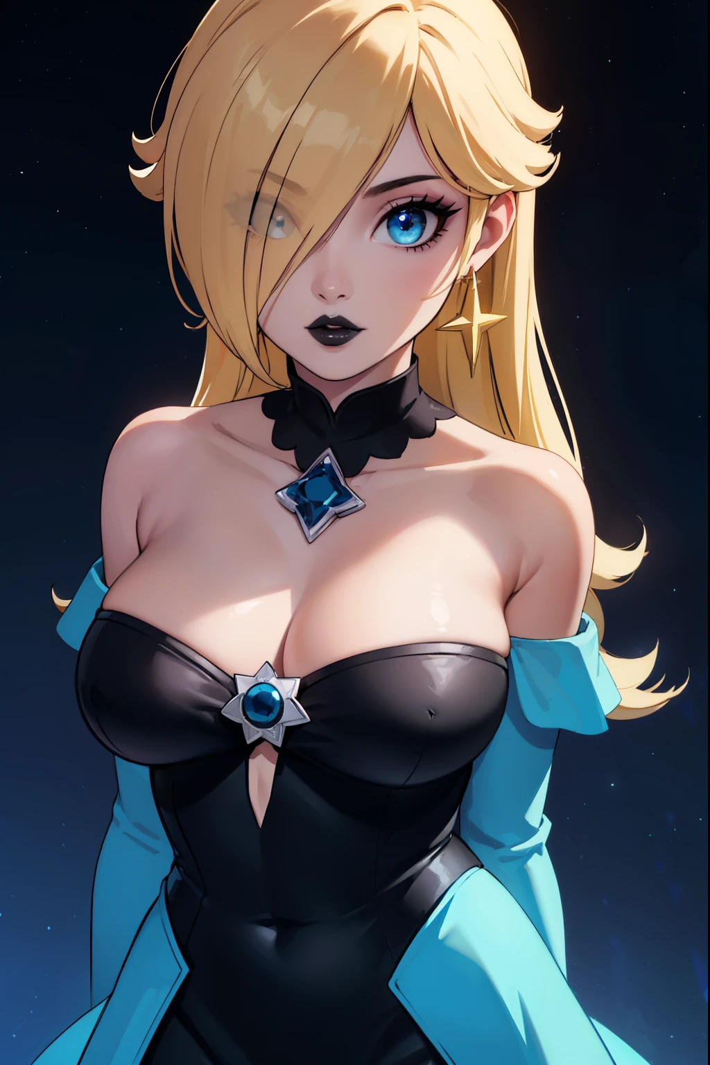 ((high detailed, best quality, 4k, masterpiece, hd:1.3)), Rosalina, blue eyes, BREAK blue eyes, seductive, attractive, sexy smile, smooth anime cg art, 36C breasts, long legs, vivid colors, detailed digital art, slim body, perfect skin, blonde hair, hair over one eye, long hair, BREAK crown, cleavage, 36C cleavage, looking at viewer, BREAK looking at viewer, extremely detailed face, blue dress, earrings, star earrings, jewelry, gem, dark black makeup lips, dark gothic eyeshadows, dark eyeshadows, black eyeshadows, black sexy lips, black lips, (dark:1.2), dark lips, very dark lips, (perfect hands, perfect anatomy), black makeup, black medium lips, black thick lips, detailed fingers, five fingers per hand, 5 fingers, (1 girl), detailed lips, detailed black lips, black painted lips, gothic painted lips, BREAK night, night sky, sky, star \(sky\), star \(symbol\), space, sun, (breast focus), (arms behind back:1.2), (from above:1.1), (breasts out:1.3), (off shoulder:1.1),