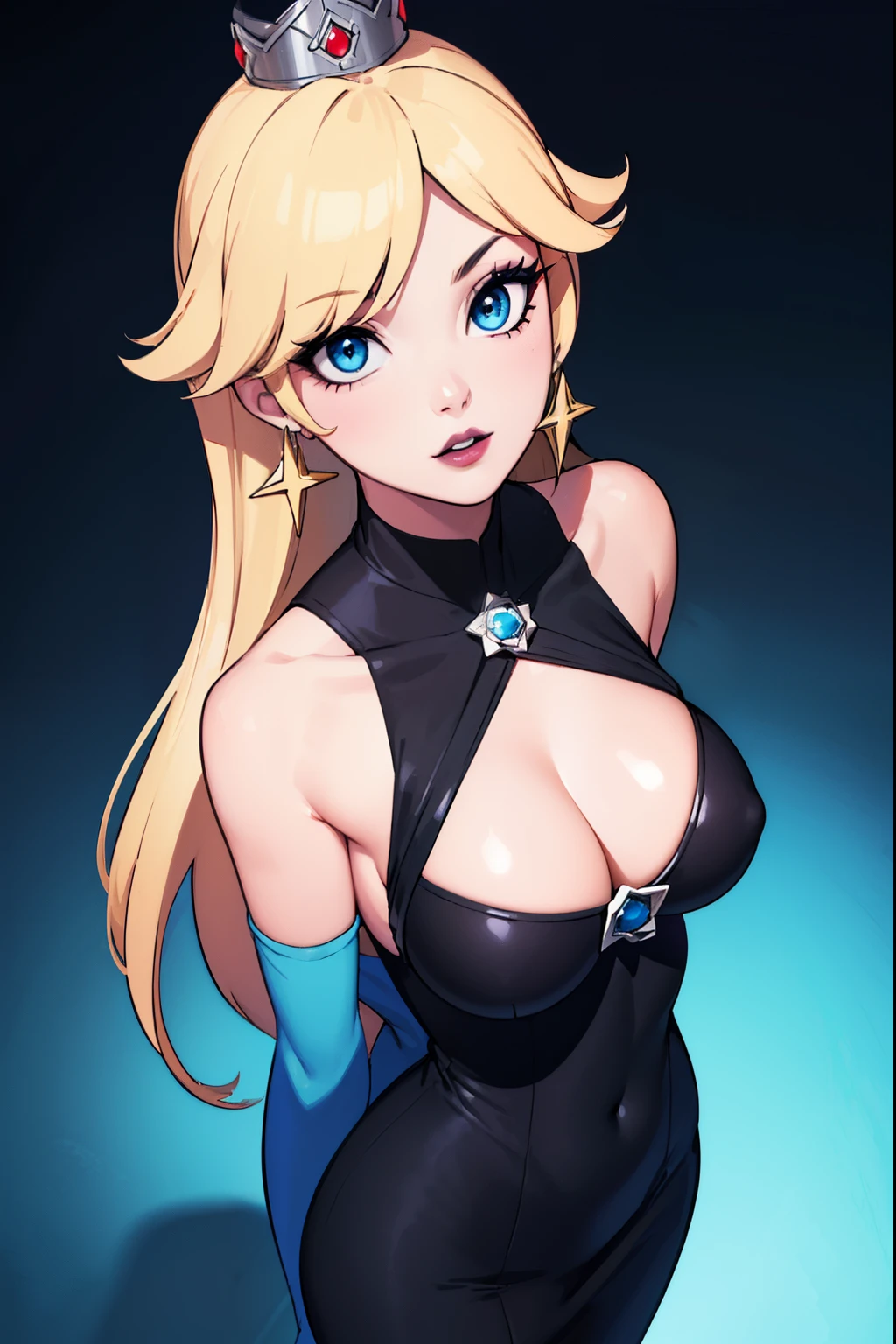 ((high detailed, best quality, 4k, masterpiece, hd:1.3)), Rosalina, blue eyes, BREAK blue eyes, seductive, attractive, sexy smile, smooth anime cg art, 36C breasts, long legs, vivid colors, detailed digital art, slim body, perfect skin, blonde hair, hair over one eye, long hair, BREAK crown, cleavage, 36C cleavage, looking at viewer, BREAK looking at viewer, extremely detailed face, blue dress, earrings, star earrings, jewelry, gem, dark black makeup lips, dark gothic eyeshadows, dark eyeshadows, black eyeshadows, black sexy lips, black lips, (dark:1.2), dark lips, very dark lips, (perfect hands, perfect anatomy), black makeup, black medium lips, black thick lips, detailed fingers, five fingers per hand, 5 fingers, (1 girl), detailed lips, detailed black lips, black painted lips, gothic painted lips, BREAK night, night sky, sky, star \(sky\), star \(symbol\), space, sun, (breast focus), (arms behind back:1.2), (from above:1.1), (breasts out:1.3), (off shoulder:1.1),