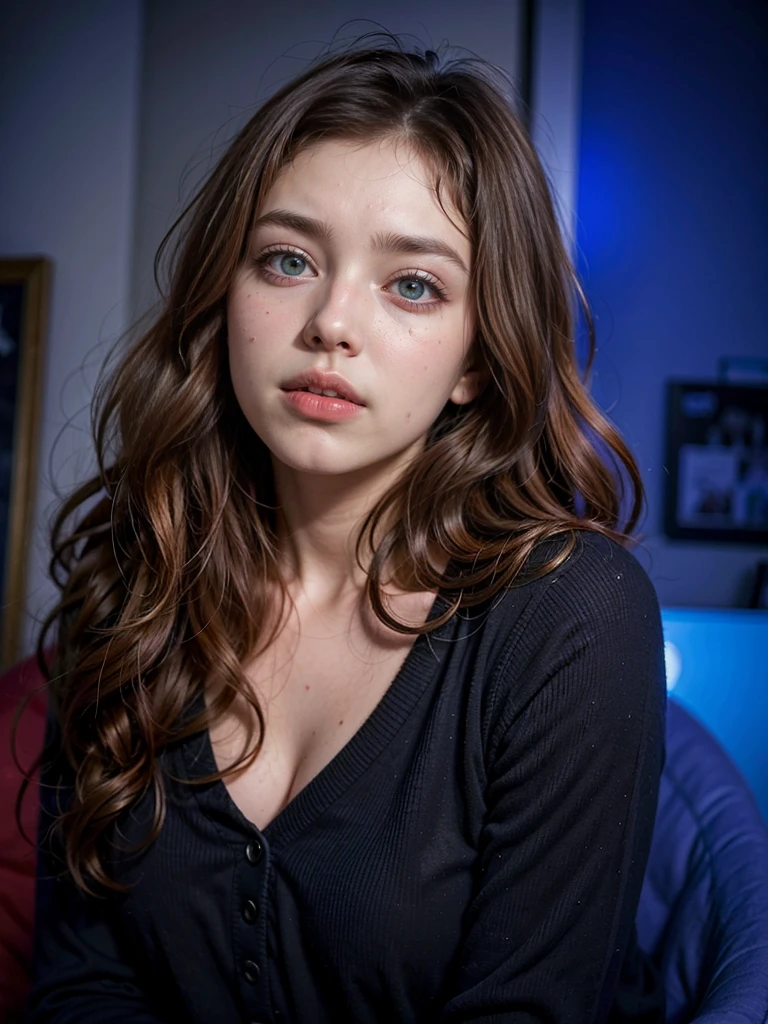 arafed woman with long curly hair and a black top, with curly red hair, 🤤 girl portrait, curly red hair, messy curly hair, red curly hair, thick red lips, portrait shot 8 k, soft portrait shot 8 k, curly haired, red cheeks, pouty lips, small and thick red lips, thick lips, looking to the side off camera, russian girl, green eyes, green pupiles, ojos verdes, ojos color esmeralda