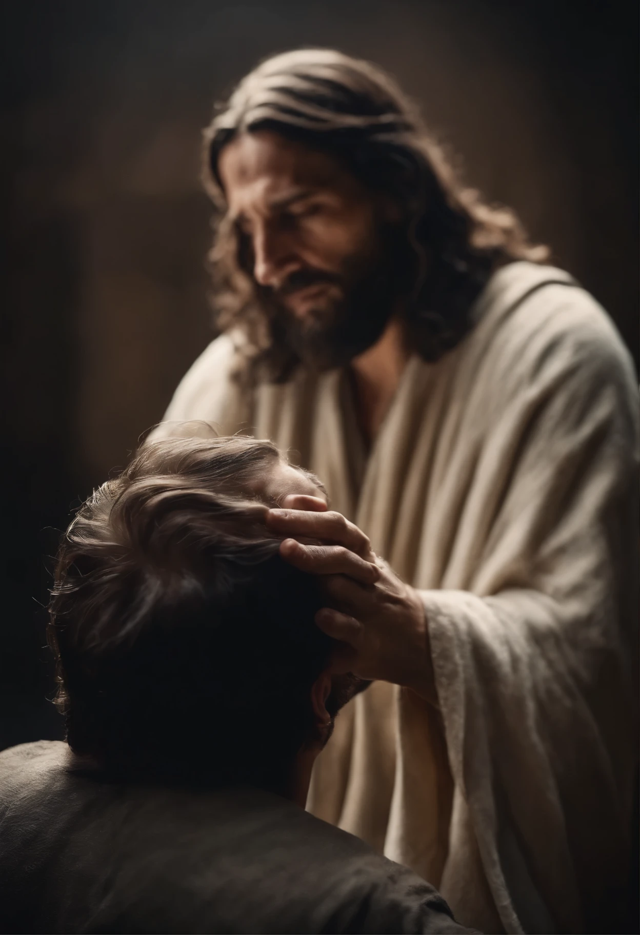 Jesus Christ with his hand on the head of a person pleading for his mercy