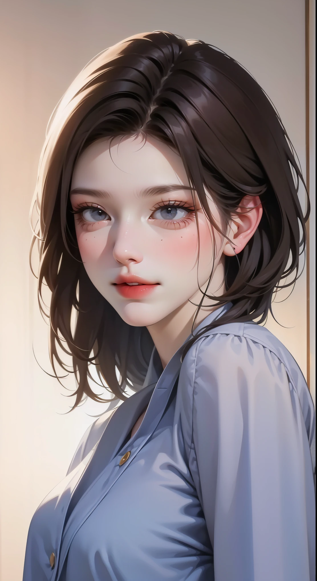 (Representative works: 1.3), (8K, realistic, RAW photo, best image quality: 1.4), (30 year old mature woman),small face, beautiful face, (realistic face),no makeup、natural makeup、light makeup、 (Dark brown, short hair: 1.3), beautiful hairstyle, realistic eyes, detailed and beautiful eyes, (realistic肌), beautiful skin, (sweater),、Bust A cup、 confused, charm, 超High resolution, Super realistic, High resolution, golden ratio, ff tifa、gray background、