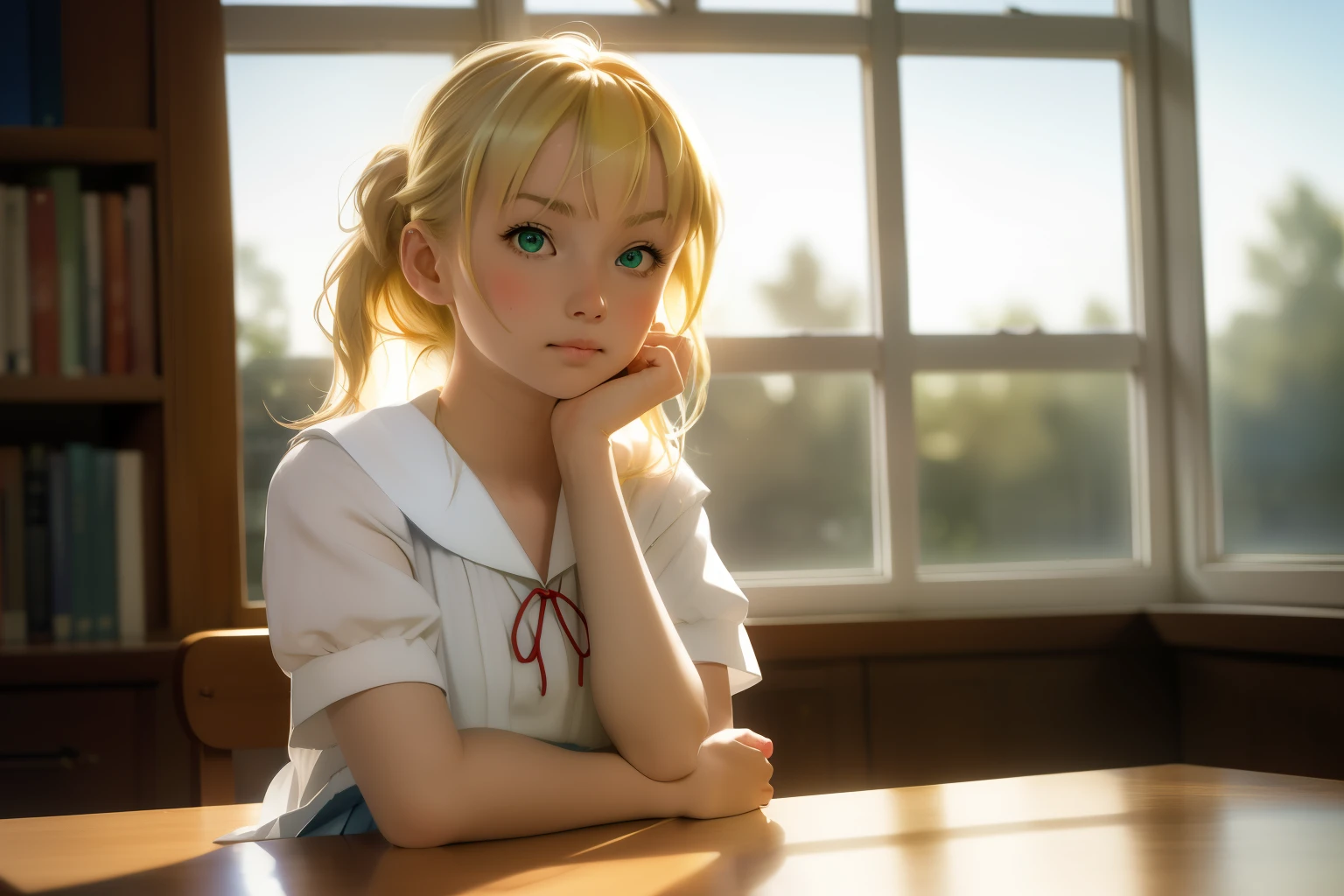 ((masterpiece,highest quality, High resolution)), 1 girl, alone, green eyes, long blonde hair tied with a blue ribbon, dull bangs, sitting, arms crossed on the table, sleep with arms crossed, , white serafuku, red sailor collar, short sleeve, white pleated skirt, (at the library), dramatic light, next to the window, afternoon light through the window, afternoon, Bokeh effect