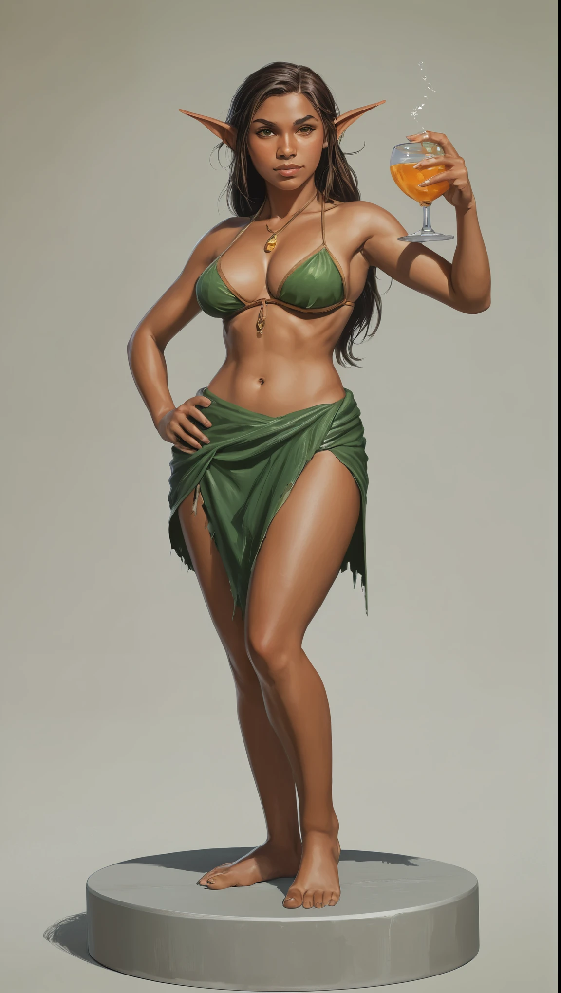 An illustrated movie poster, hand-drawn, full color, a age elven girl, wearing a sarong bikini, sun-tanned complexion, very tall, athletic body, hourglass figure, curvy, slightly chubby, bottom-heavy, generous hips, massive bubble-butt, ridiculously thick powerful thighs, amber brown eyes, long pointy elf ears, dark hair, shaggy bob, posing on a pedestal, wet glistening skin, hard shadows, graphite shading, stencil marks, airbrushed acrylic paint, masterpiece, in the style of Skyrim